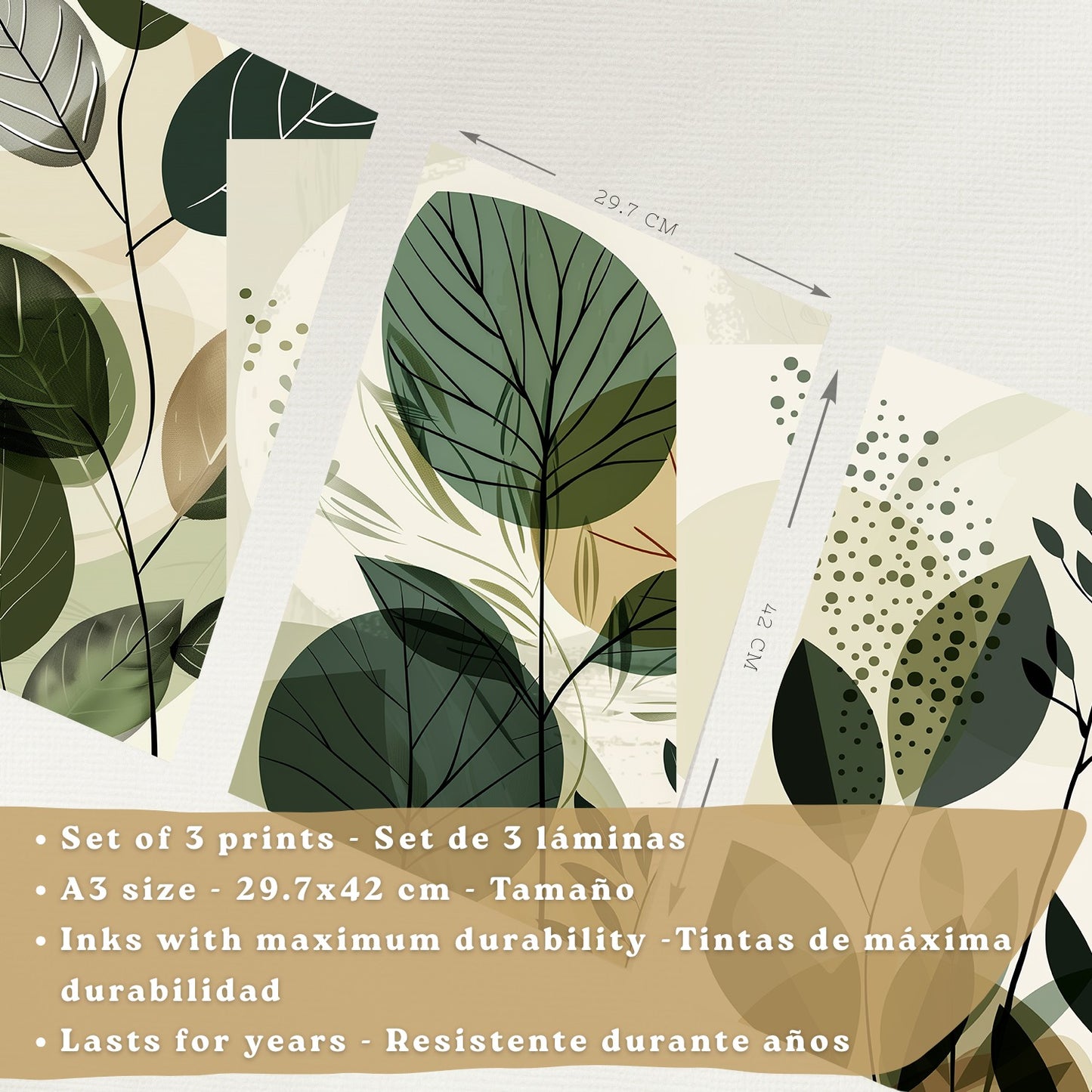 Set de 3 laminas decorativas Plantas Abstractas Verdes Cuadros Salon modernos - Posters decorativos Botanico Decoración Dormitorios.