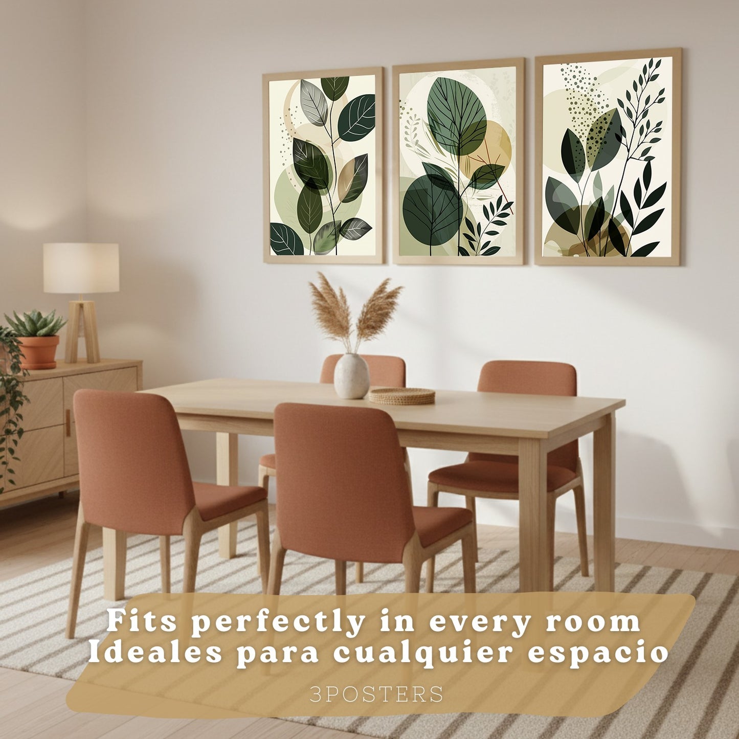 Set de 3 laminas decorativas Plantas Abstractas Verdes Cuadros Salon modernos - Posters decorativos Botanico Decoración Dormitorios.