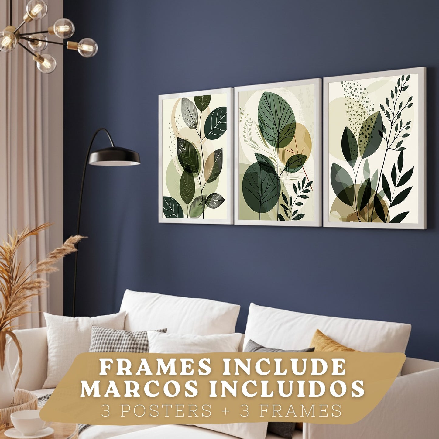 Set de 3 laminas decorativas Plantas Abstractas Verdes Cuadros Salon modernos - Posters decorativos Botanico Decoración Dormitorios.