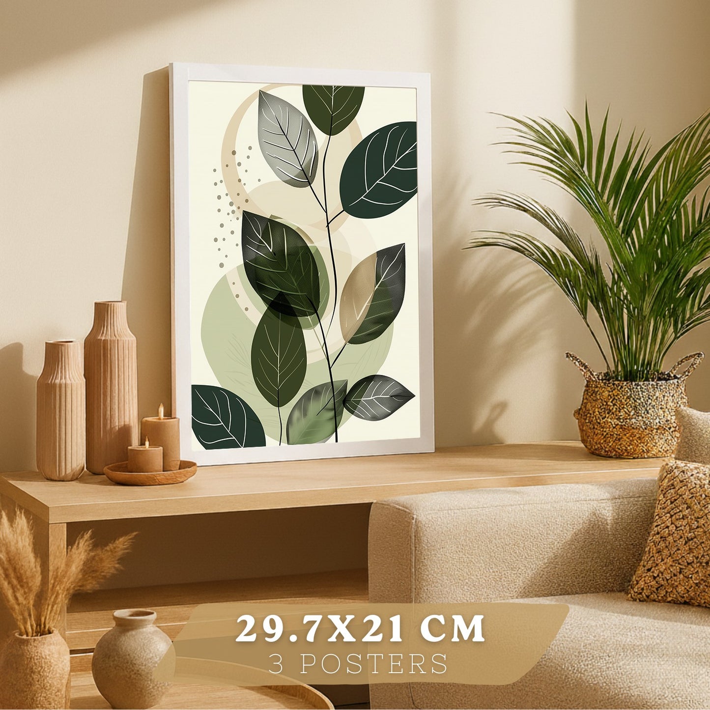 Set de 3 laminas decorativas Plantas Abstractas Verdes Cuadros Salon modernos - Posters decorativos Botanico Decoración Dormitorios.