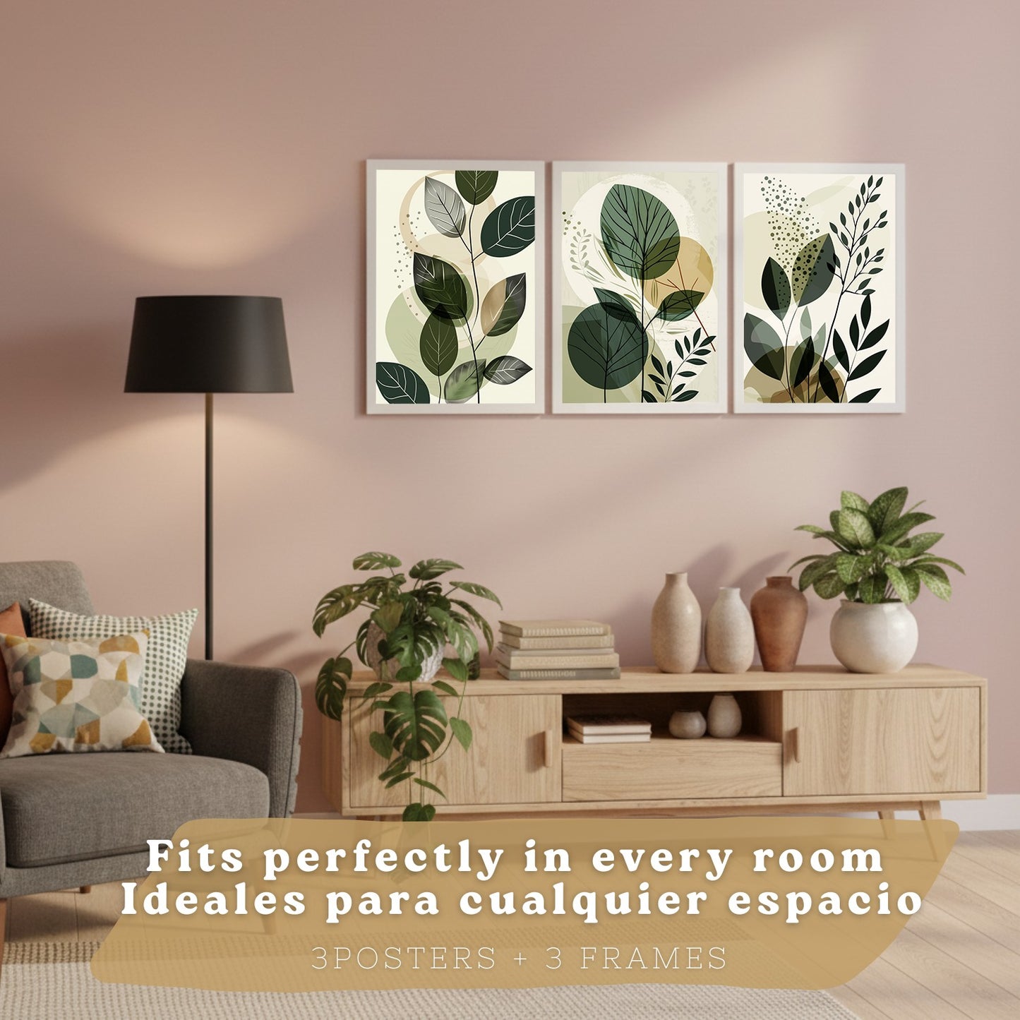 Set de 3 laminas decorativas Plantas Abstractas Verdes Cuadros Salon modernos - Posters decorativos Botanico Decoración Dormitorios.