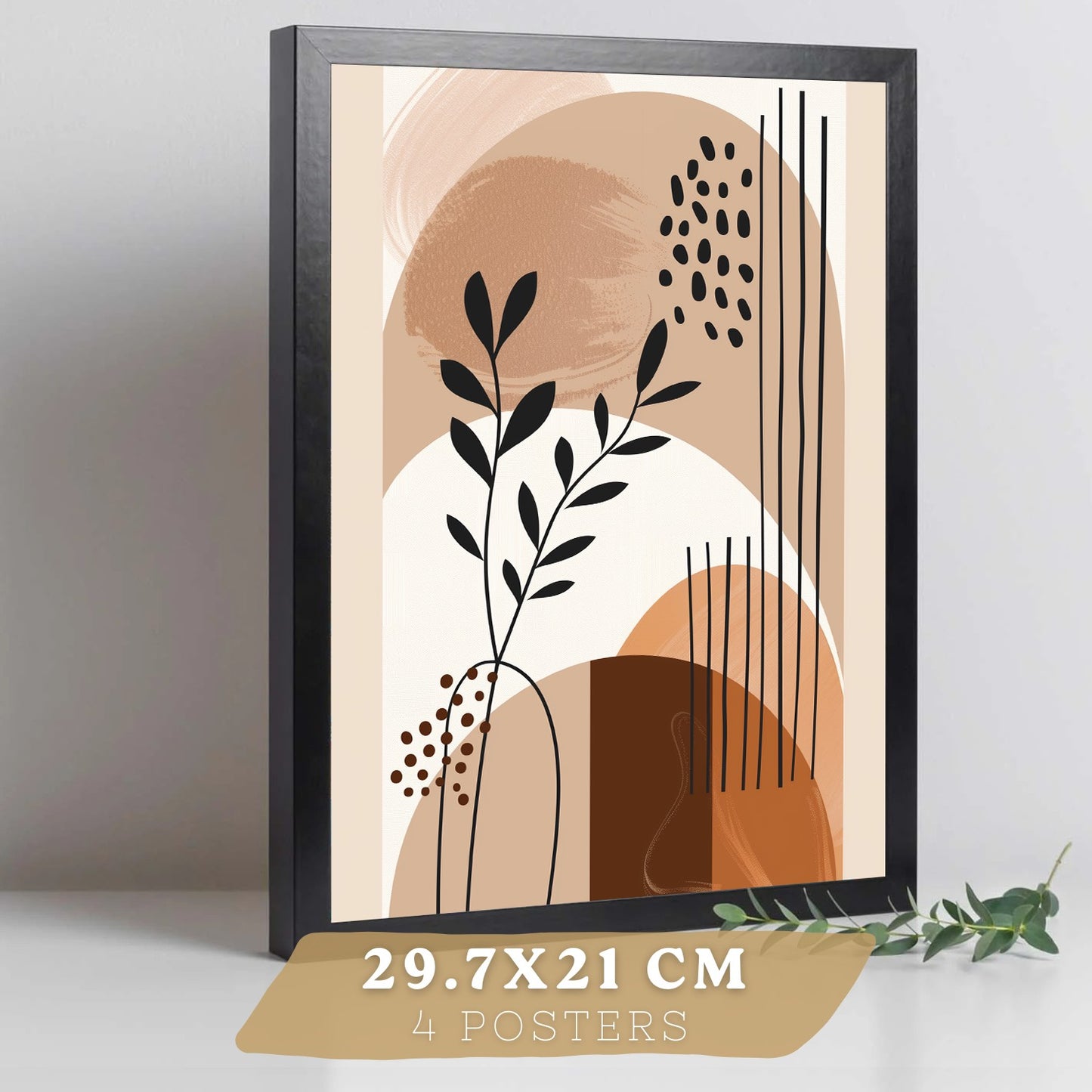 Set de 4 laminas decorativas Formas Abstractas Botanicas Cuadros Salon modernos - Posters decorativos Plantas marrones Decoración Dormitorios Cocina Baño