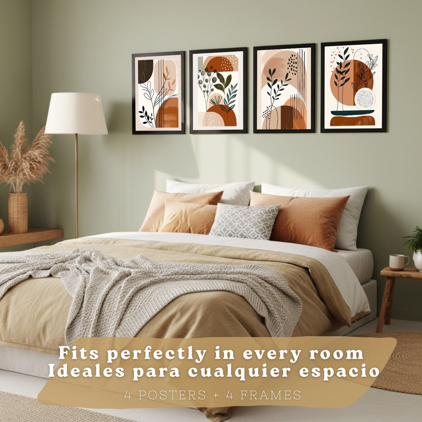 Set de 4 laminas decorativas Formas Abstractas Botanicas Cuadros Salon modernos - Posters decorativos Plantas marrones Decoración Dormitorios Cocina Baño