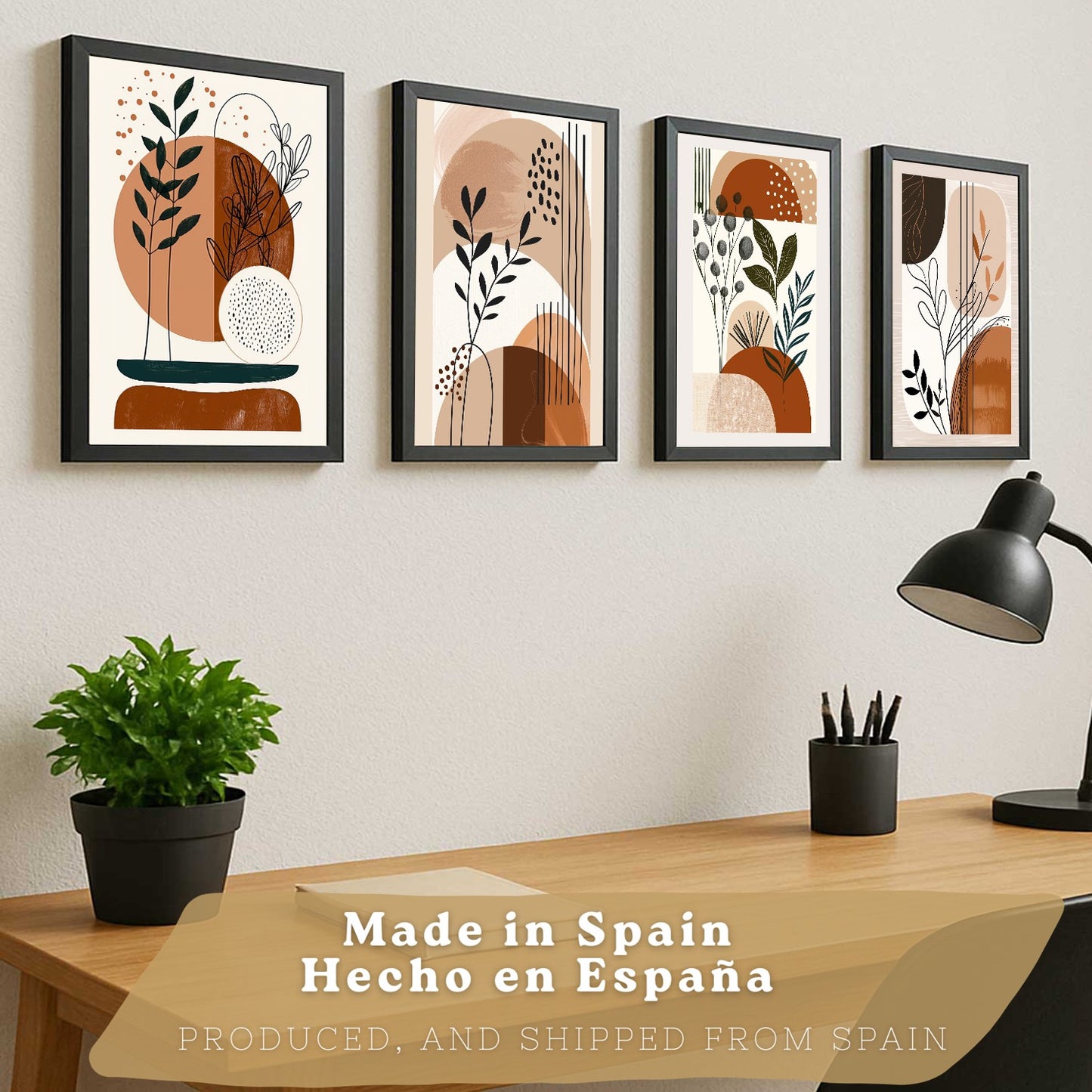 Set de 4 laminas decorativas Formas Abstractas Botanicas Cuadros Salon modernos - Posters decorativos Plantas marrones Decoración Dormitorios Cocina Baño