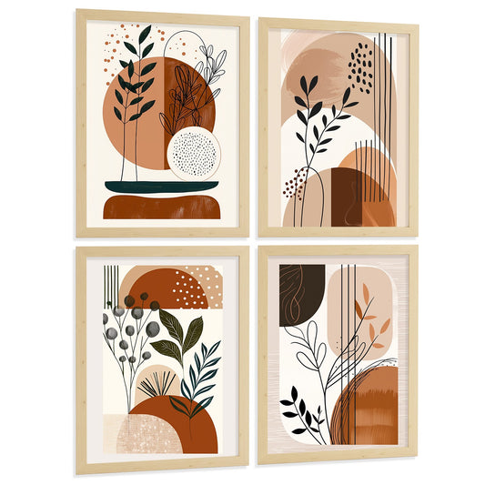 Set de 4 laminas decorativas Formas Abstractas Botanicas Cuadros Salon modernos - Posters decorativos Plantas marrones Decoración Dormitorios Cocina Baño