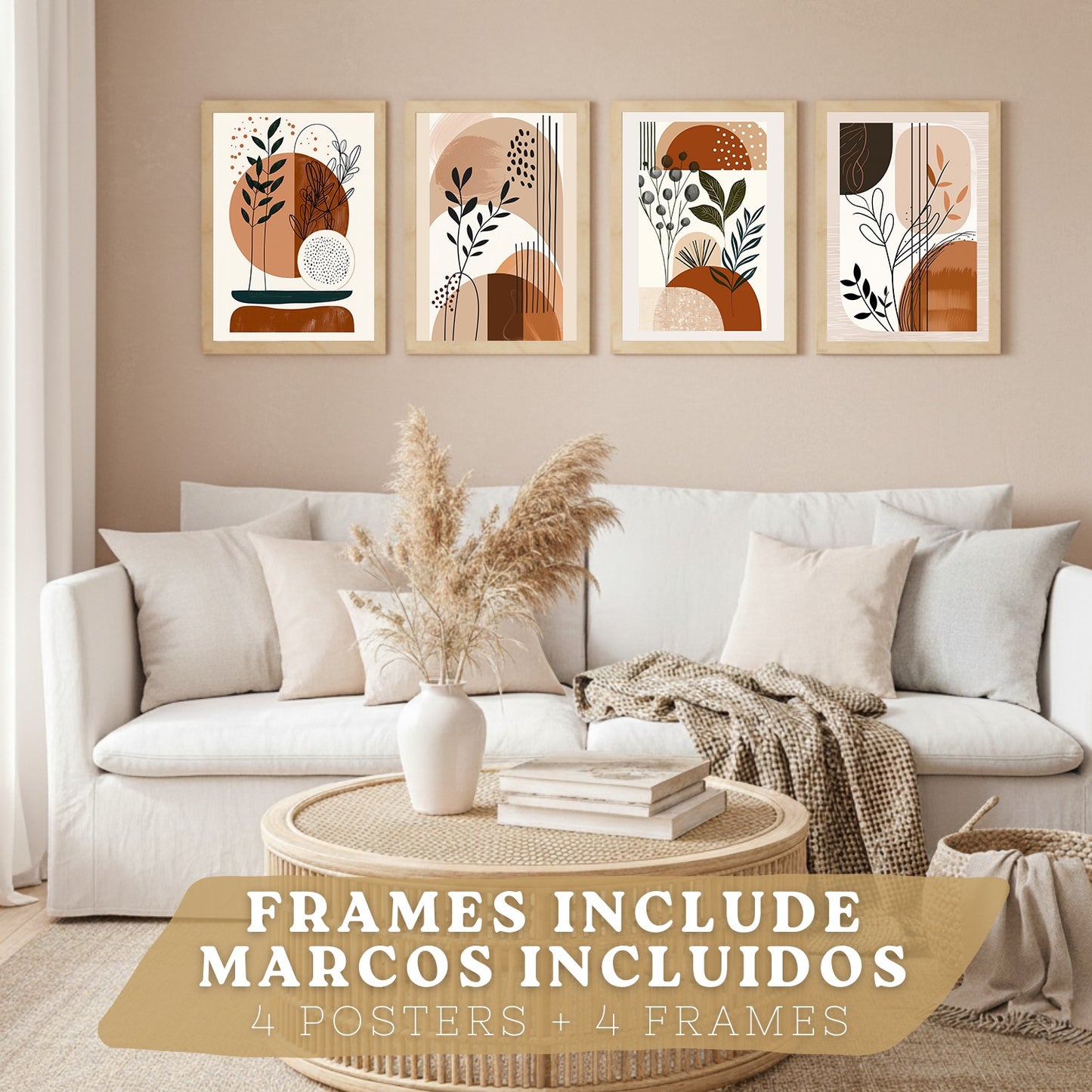 Set de 4 laminas decorativas Formas Abstractas Botanicas Cuadros Salon modernos - Posters decorativos Plantas marrones Decoración Dormitorios Cocina Baño