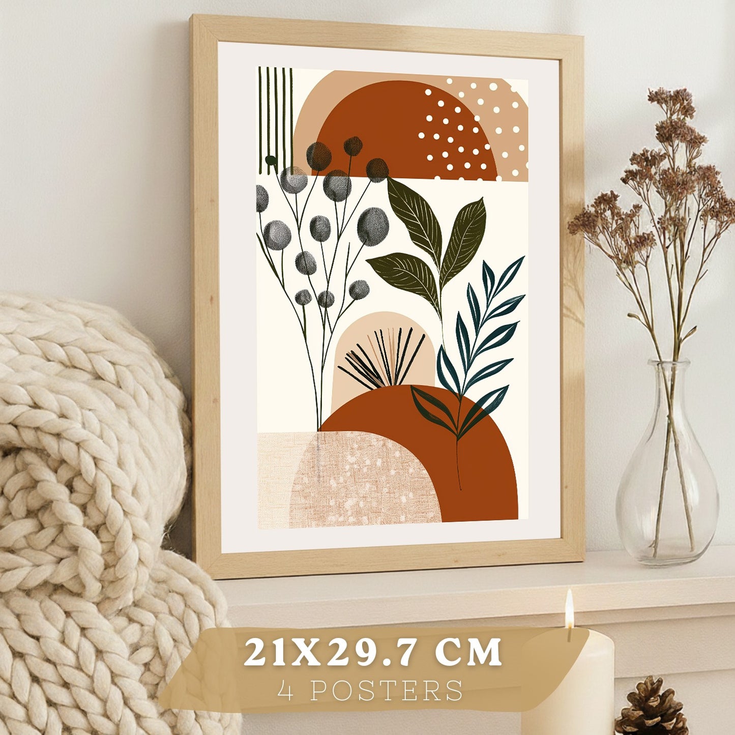 Set de 4 laminas decorativas Formas Abstractas Botanicas Cuadros Salon modernos - Posters decorativos Plantas marrones Decoración Dormitorios Cocina Baño