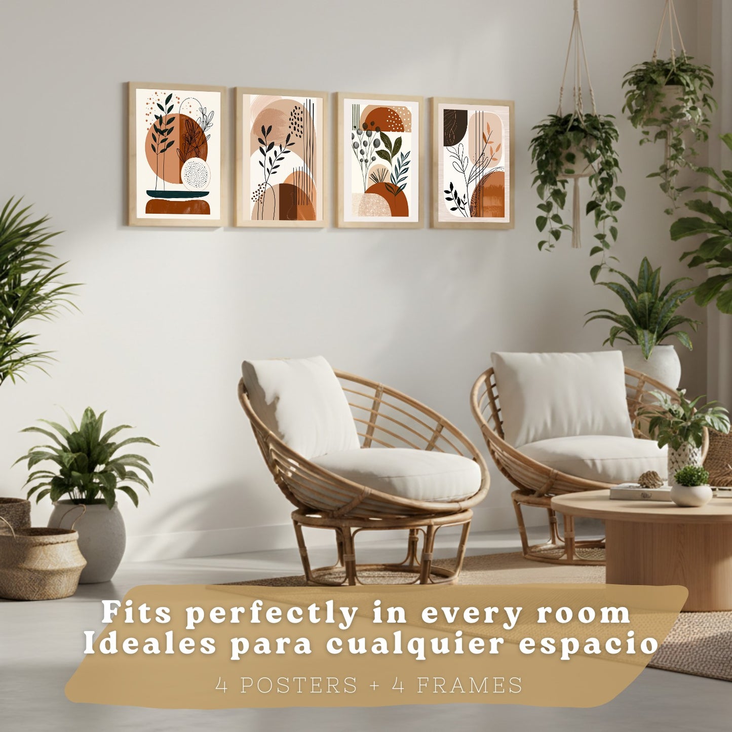 Set de 4 laminas decorativas Formas Abstractas Botanicas Cuadros Salon modernos - Posters decorativos Plantas marrones Decoración Dormitorios Cocina Baño