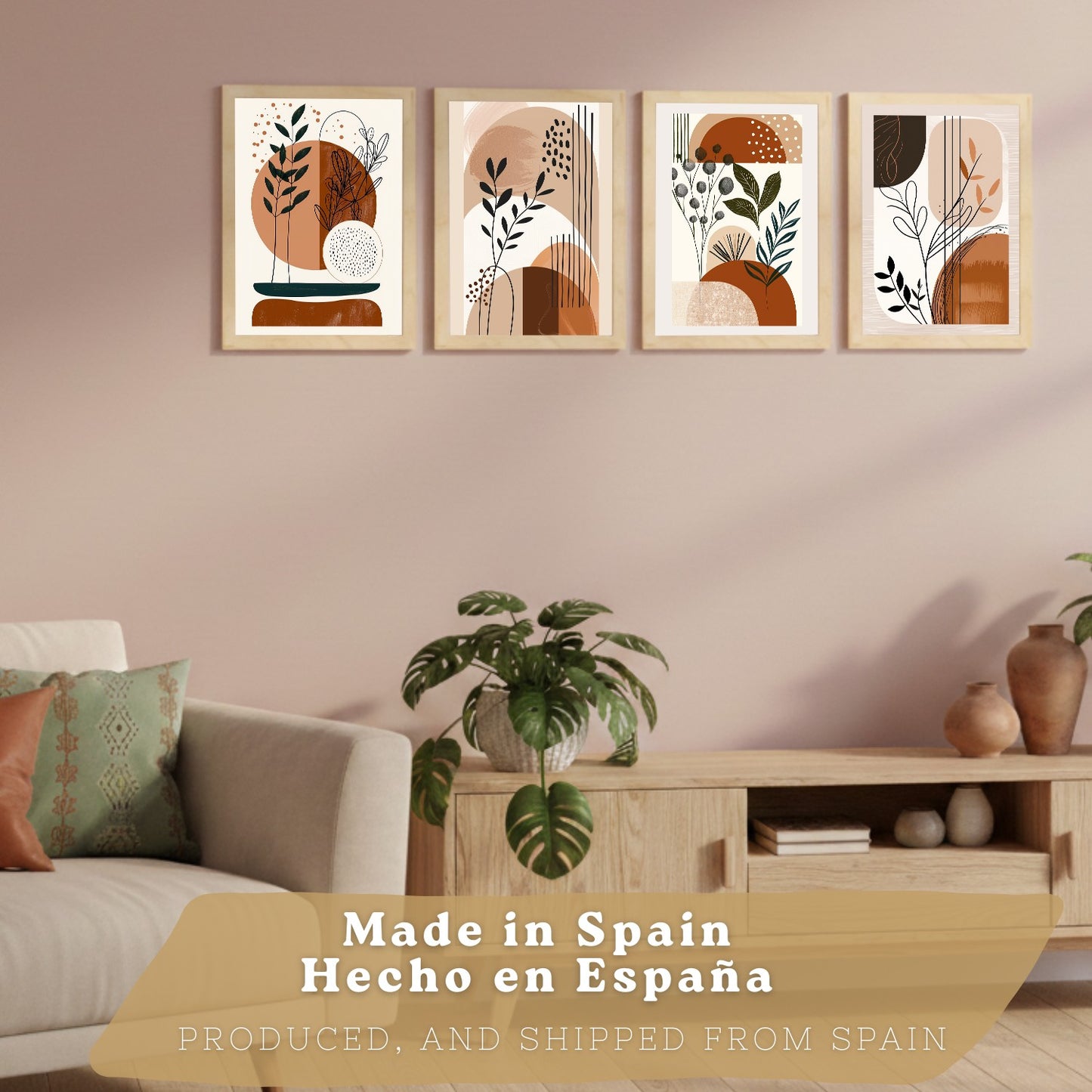 Set de 4 laminas decorativas Formas Abstractas Botanicas Cuadros Salon modernos - Posters decorativos Plantas marrones Decoración Dormitorios Cocina Baño