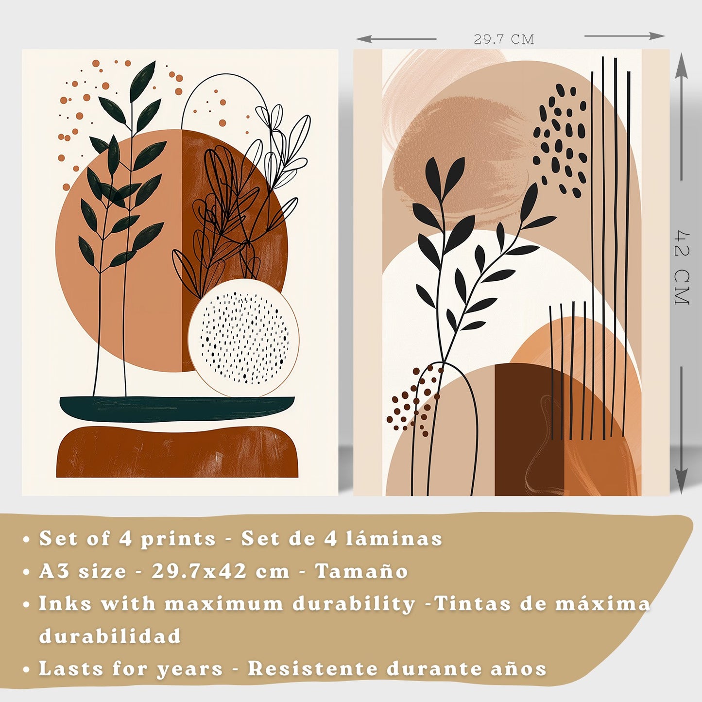 Set de 4 laminas decorativas Formas Abstractas Botanicas Cuadros Salon modernos - Posters decorativos Plantas marrones Decoración Dormitorios Cocina Baño