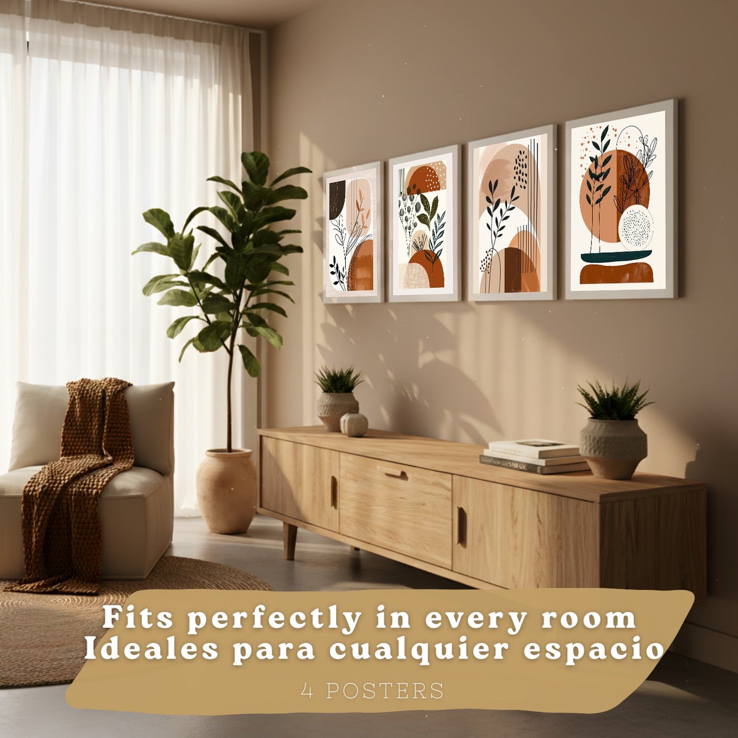 Set de 4 laminas decorativas Formas Abstractas Botanicas Cuadros Salon modernos - Posters decorativos Plantas marrones Decoración Dormitorios Cocina Baño