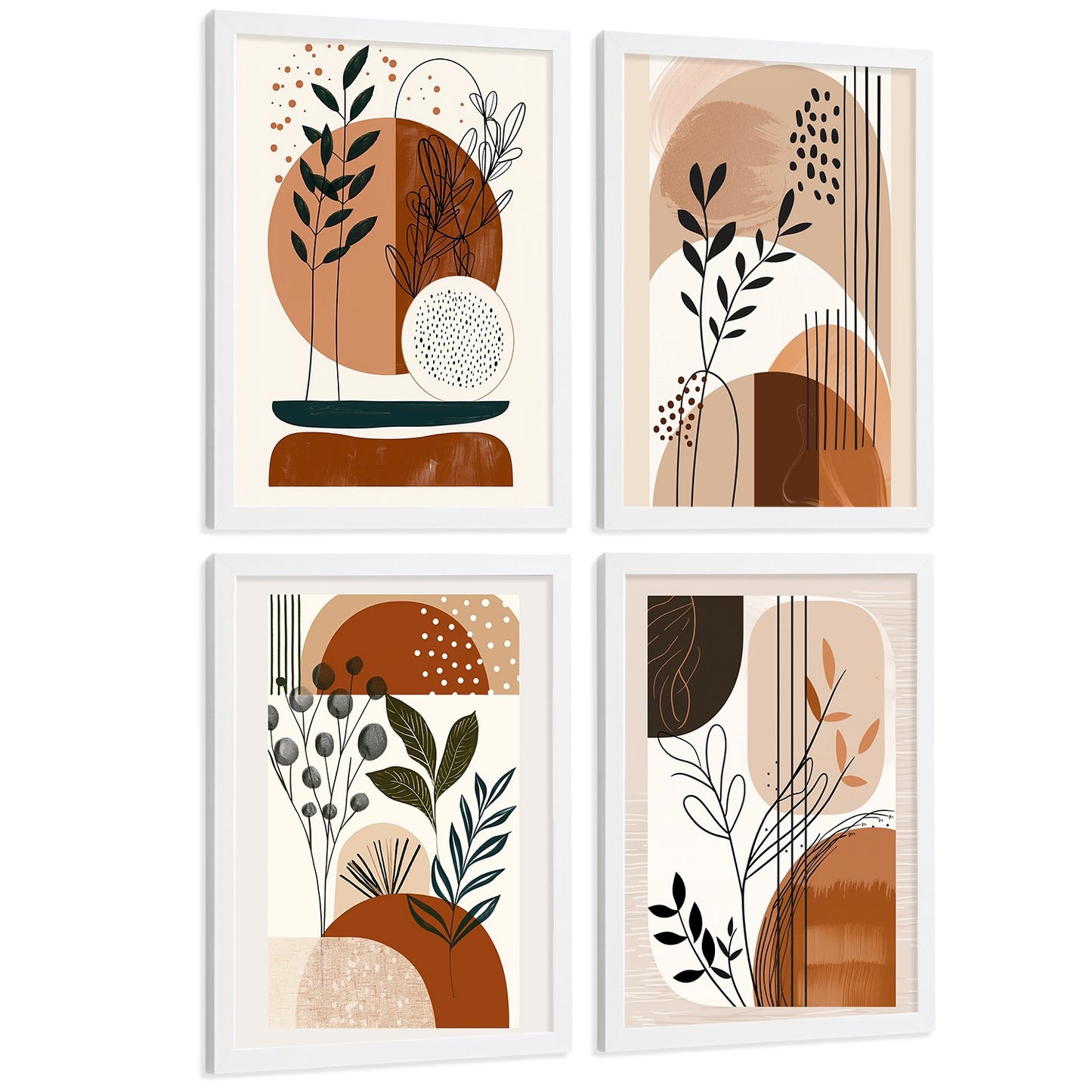 Set de 4 laminas decorativas Formas Abstractas Botanicas Cuadros Salon modernos - Posters decorativos Plantas marrones Decoración Dormitorios Cocina Baño