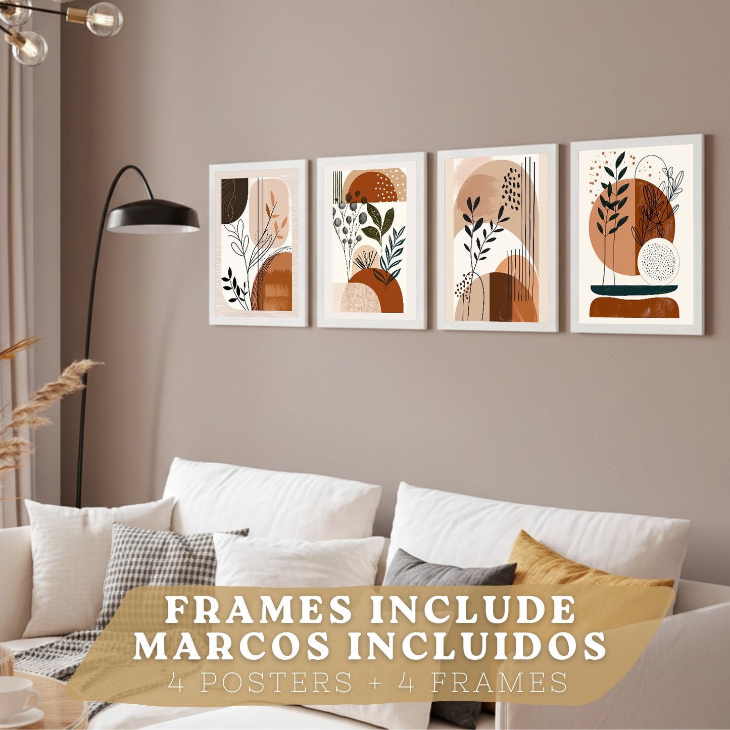 Set de 4 laminas decorativas Formas Abstractas Botanicas Cuadros Salon modernos - Posters decorativos Plantas marrones Decoración Dormitorios Cocina Baño