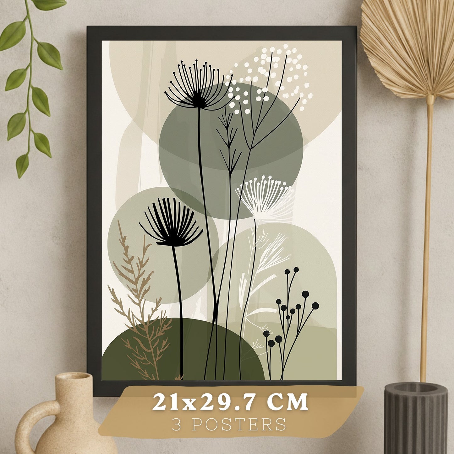 Set de 4 laminas decorativas Flores Abstractas Botanicas Cuadros Salon modernos - Posters decorativos Plantas verdesDecoración Dormitorios Cocina Baño