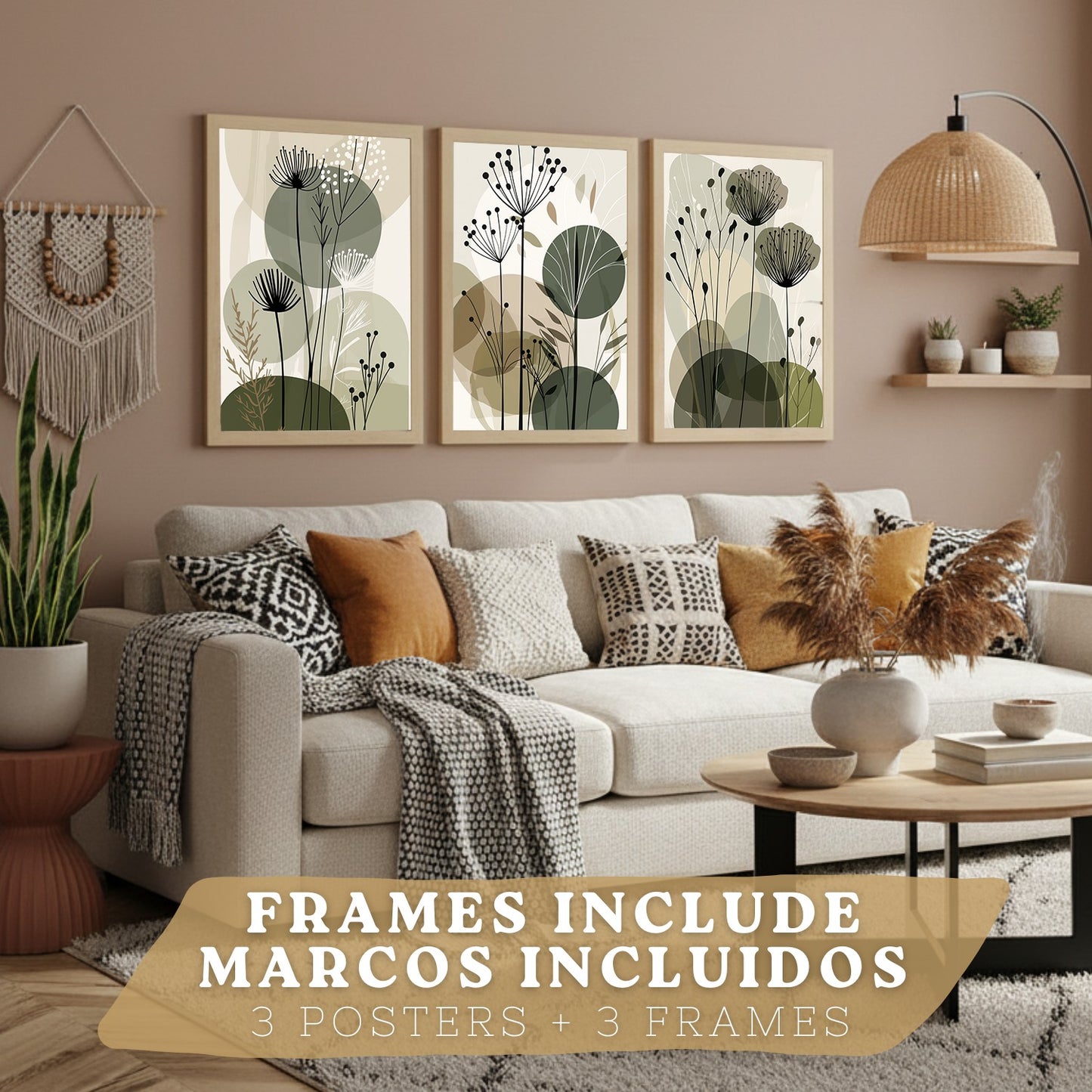 Set de 4 laminas decorativas Flores Abstractas Botanicas Cuadros Salon modernos - Posters decorativos Plantas verdesDecoración Dormitorios Cocina Baño