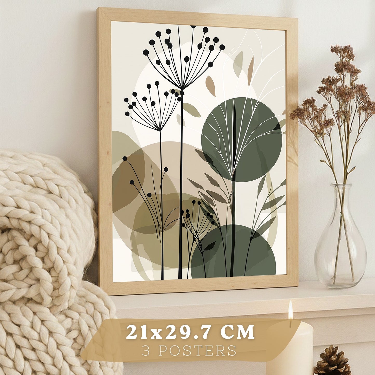 Set de 4 laminas decorativas Flores Abstractas Botanicas Cuadros Salon modernos - Posters decorativos Plantas verdesDecoración Dormitorios Cocina Baño