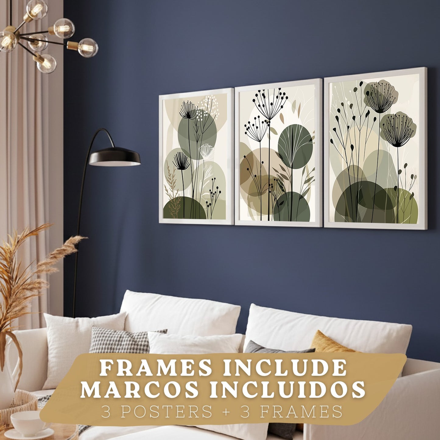 Set de 4 laminas decorativas Flores Abstractas Botanicas Cuadros Salon modernos - Posters decorativos Plantas verdesDecoración Dormitorios Cocina Baño