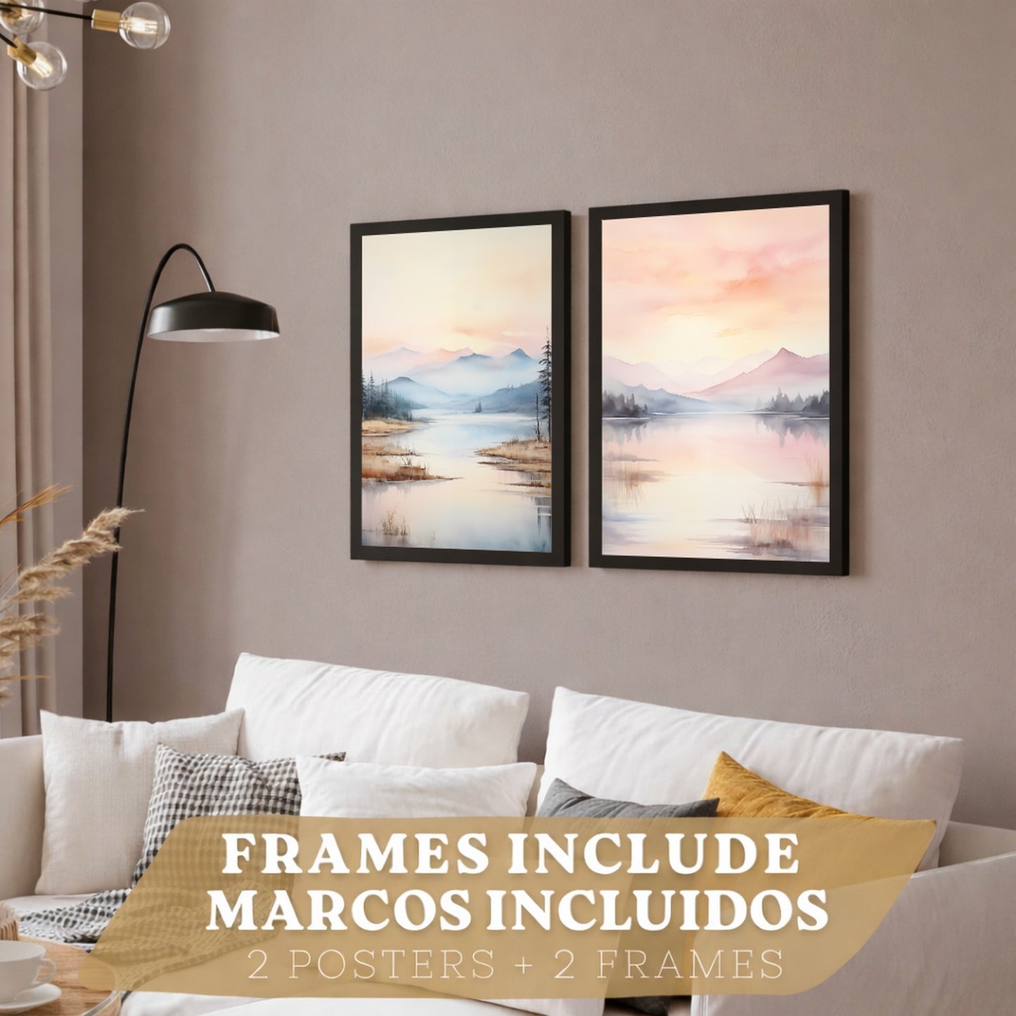 Set de 2 laminas decorativas paisaje atardecer. Cuadros Salon modernos - Posters decorativos Acuarela tonos pastel. Decoración Dormitorios.