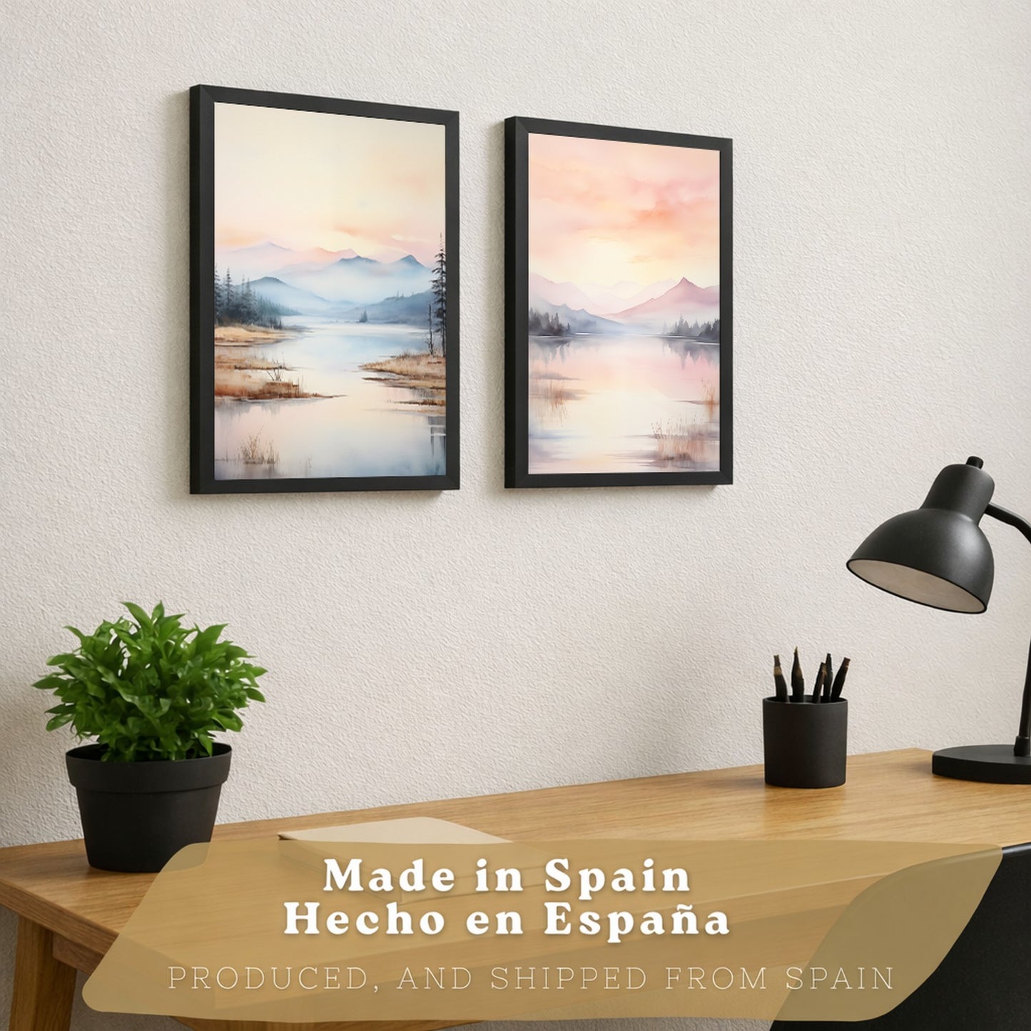 Set de 2 laminas decorativas paisaje atardecer. Cuadros Salon modernos - Posters decorativos Acuarela tonos pastel. Decoración Dormitorios.