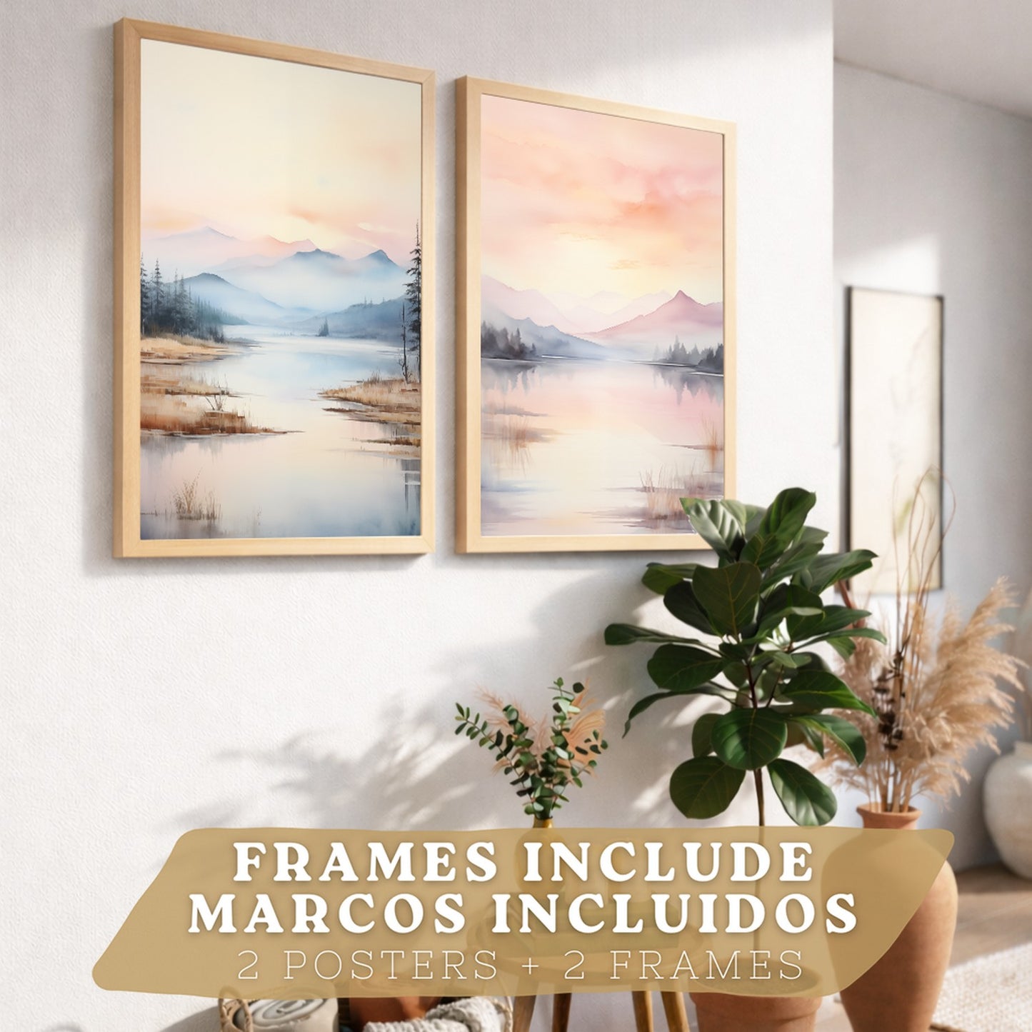 Set de 2 laminas decorativas paisaje atardecer. Cuadros Salon modernos - Posters decorativos Acuarela tonos pastel. Decoración Dormitorios.