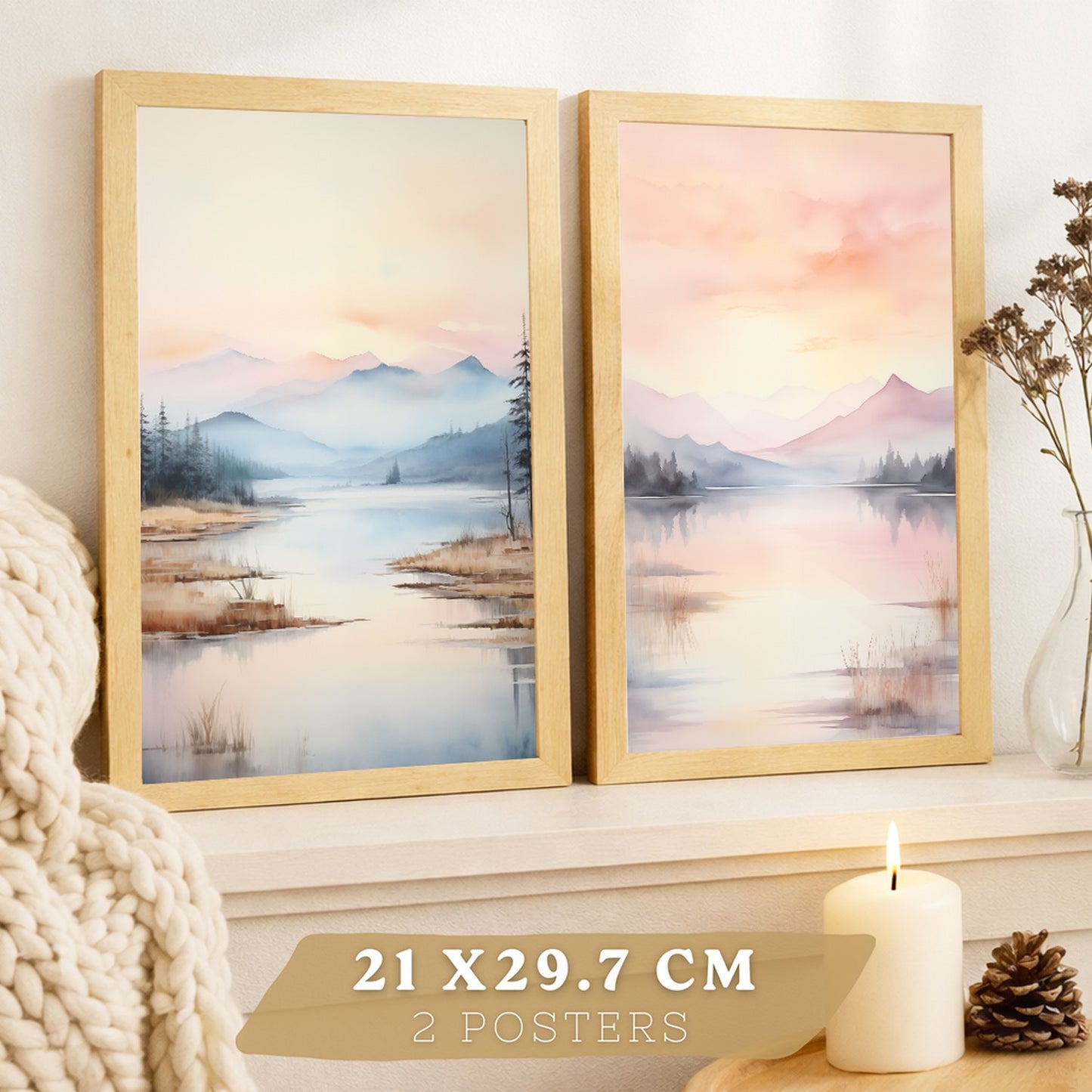 Set de 2 laminas decorativas paisaje atardecer. Cuadros Salon modernos - Posters decorativos Acuarela tonos pastel. Decoración Dormitorios.
