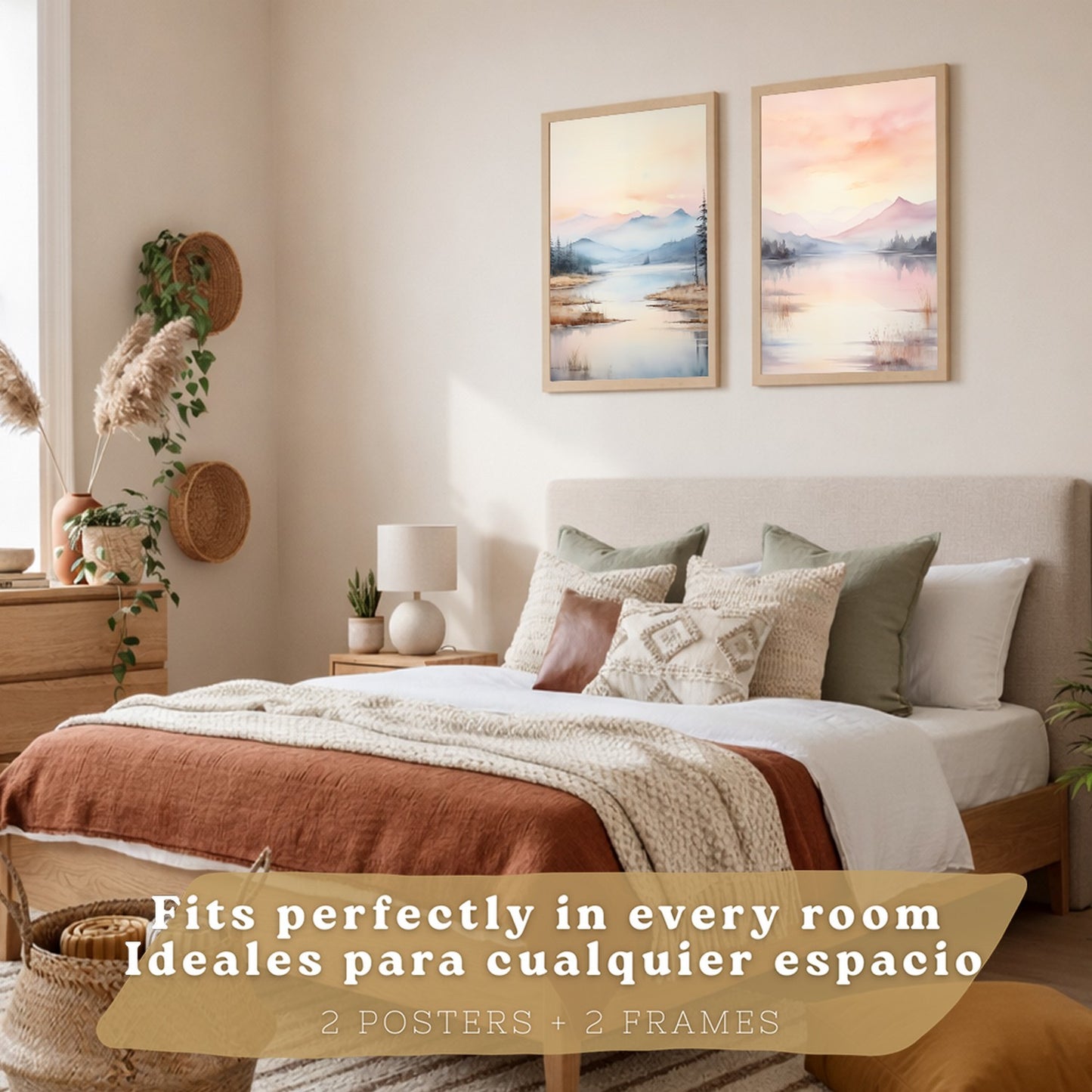 Set de 2 laminas decorativas paisaje atardecer. Cuadros Salon modernos - Posters decorativos Acuarela tonos pastel. Decoración Dormitorios.