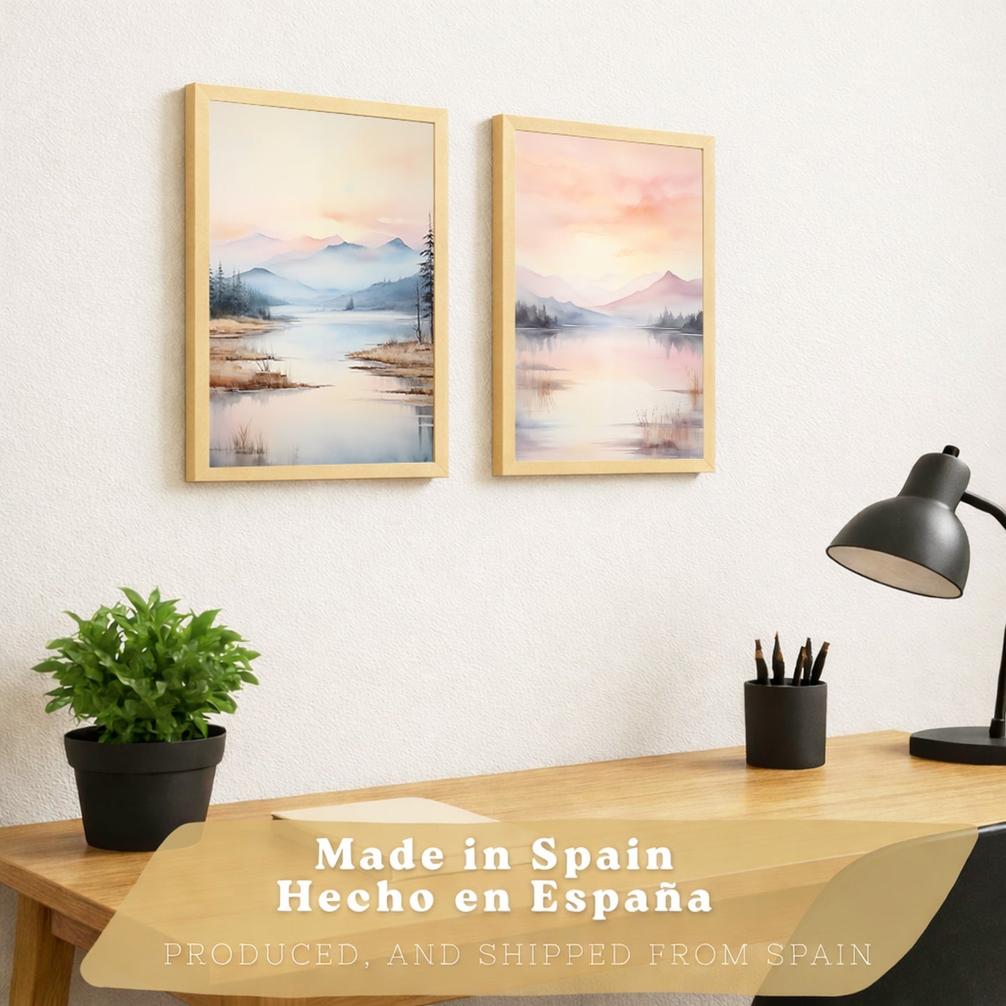 Set de 2 laminas decorativas paisaje atardecer. Cuadros Salon modernos - Posters decorativos Acuarela tonos pastel. Decoración Dormitorios.