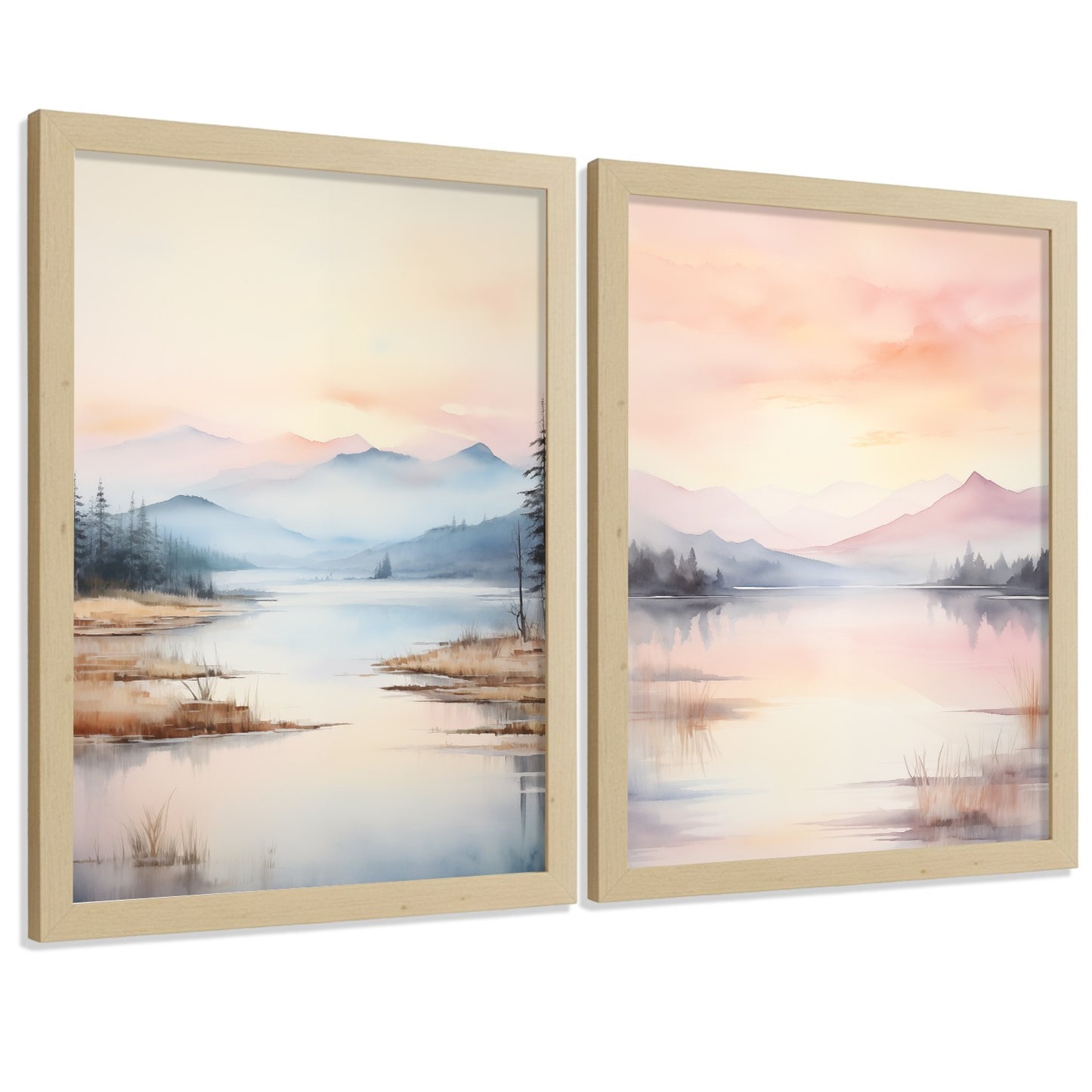 Set de 2 laminas decorativas paisaje atardecer. Cuadros Salon modernos - Posters decorativos Acuarela tonos pastel. Decoración Dormitorios.