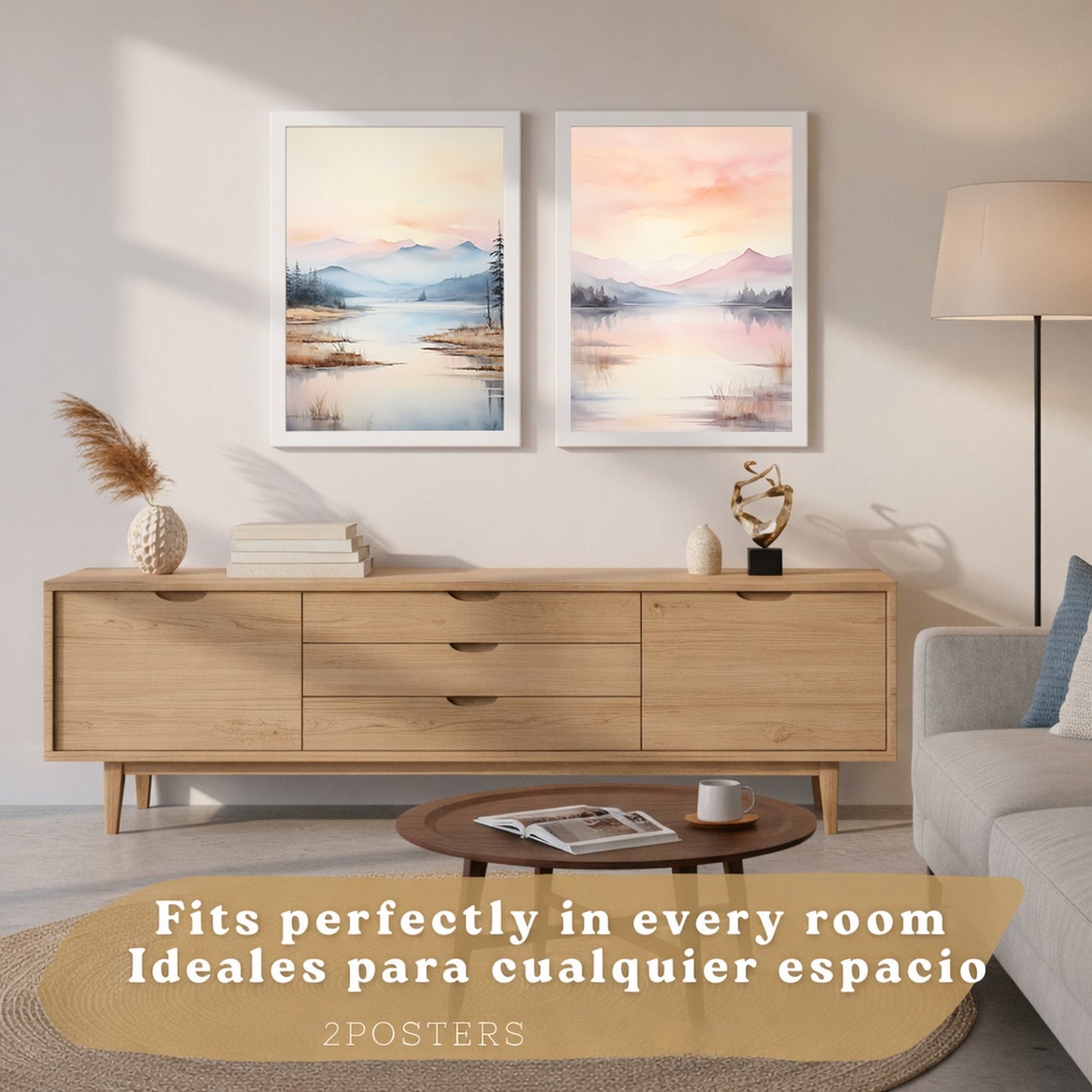 Set de 2 laminas decorativas paisaje atardecer. Cuadros Salon modernos - Posters decorativos Acuarela tonos pastel. Decoración Dormitorios.