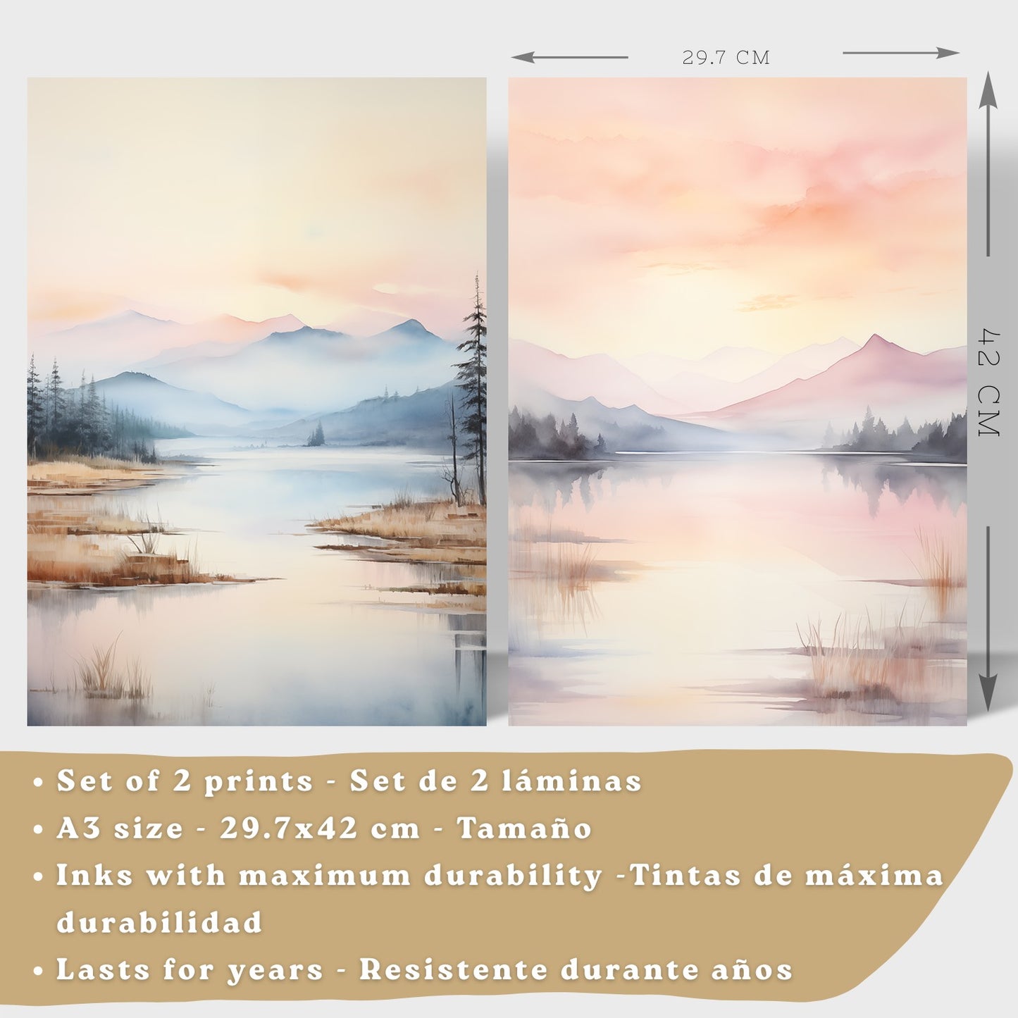 Set de 2 laminas decorativas paisaje atardecer. Cuadros Salon modernos - Posters decorativos Acuarela tonos pastel. Decoración Dormitorios.