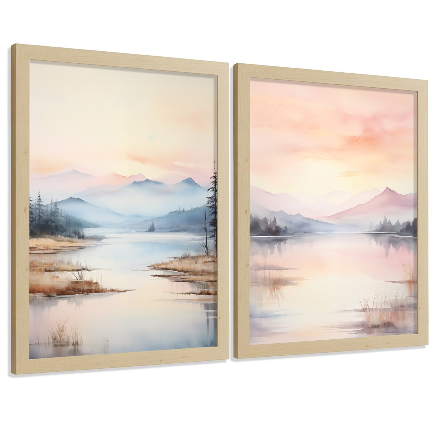 Set de 2 laminas decorativas paisaje atardecer. Cuadros Salon modernos - Posters decorativos Acuarela tonos pastel. Decoración Dormitorios.