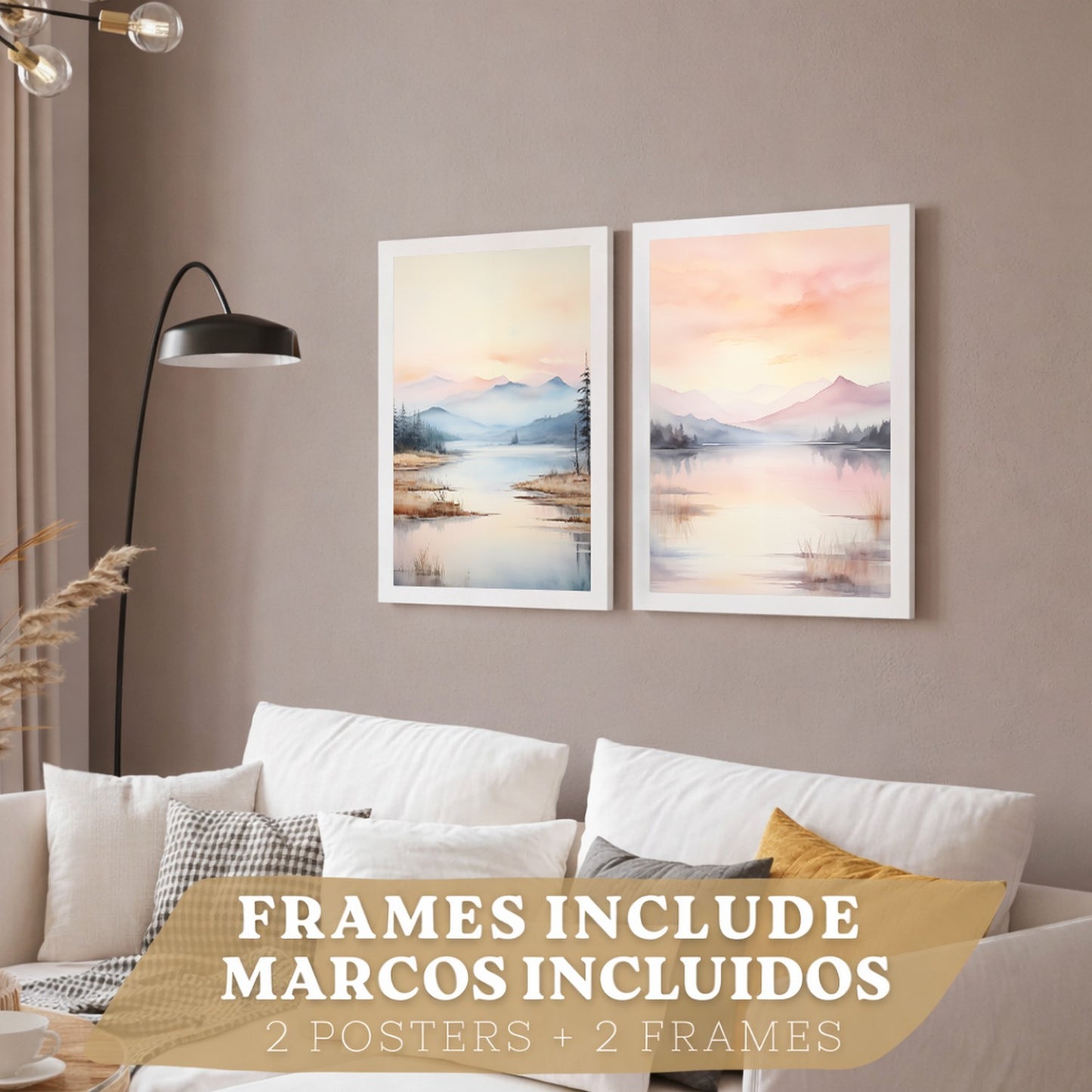 Set de 2 laminas decorativas paisaje atardecer. Cuadros Salon modernos - Posters decorativos Acuarela tonos pastel. Decoración Dormitorios.