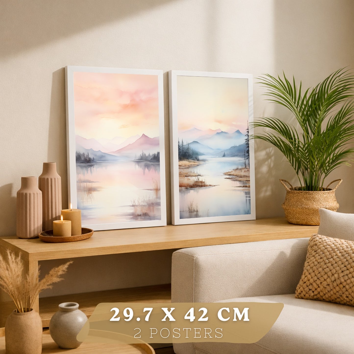 Set de 2 laminas decorativas paisaje atardecer. Cuadros Salon modernos - Posters decorativos Acuarela tonos pastel. Decoración Dormitorios.
