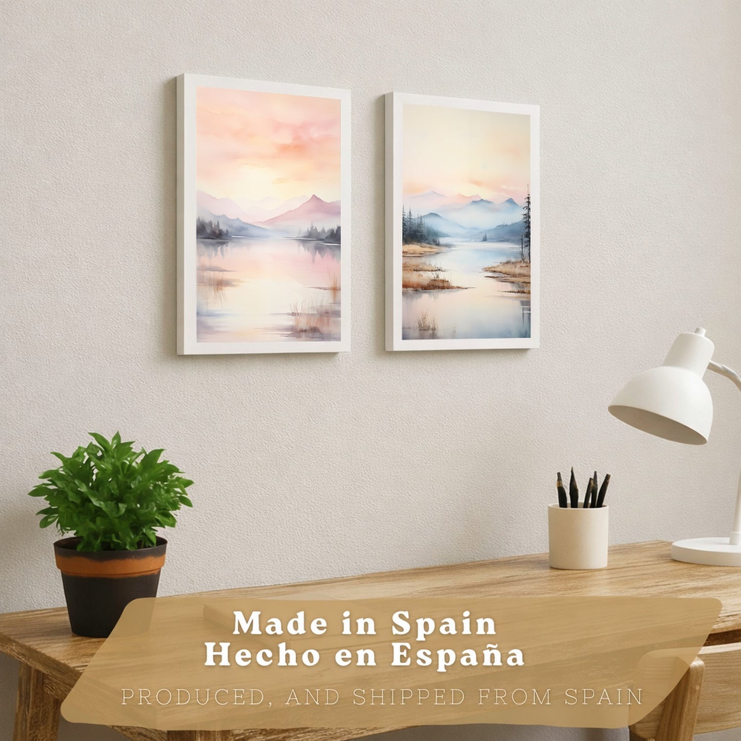 Set de 2 laminas decorativas paisaje atardecer. Cuadros Salon modernos - Posters decorativos Acuarela tonos pastel. Decoración Dormitorios.