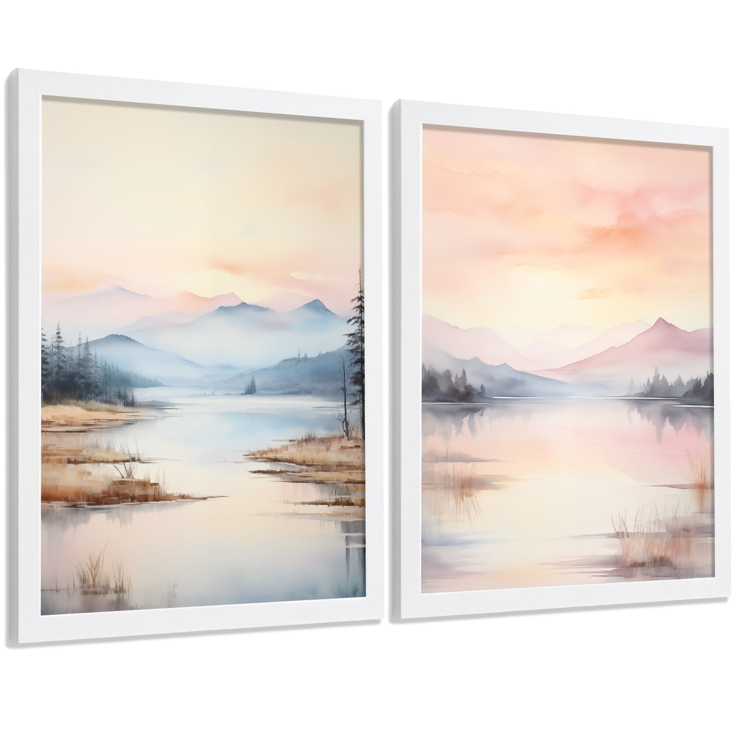 Set de 2 laminas decorativas paisaje atardecer. Cuadros Salon modernos - Posters decorativos Acuarela tonos pastel. Decoración Dormitorios.
