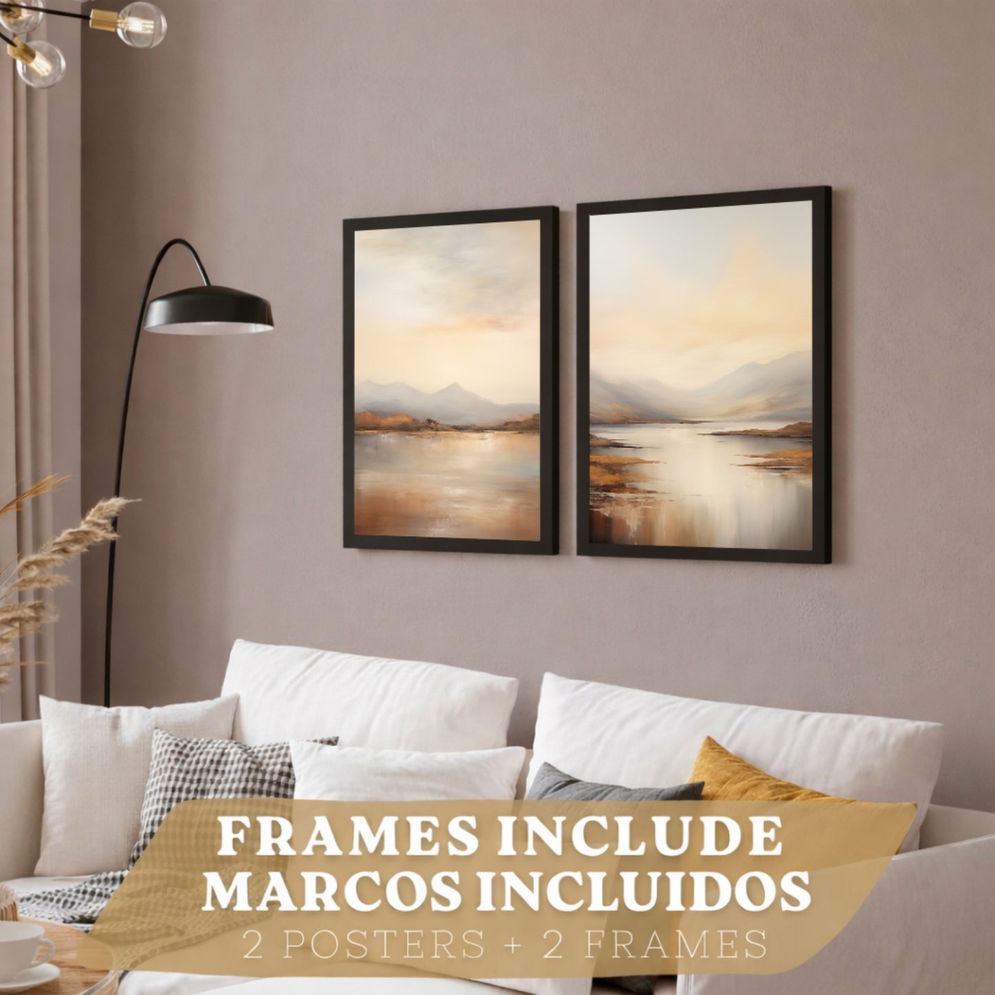 Set de 2 laminas decorativas paisaje amanecer. Cuadros Salon modernos - Posters decorativos Acuarela tonos marrones. Decoración Dormitorios.