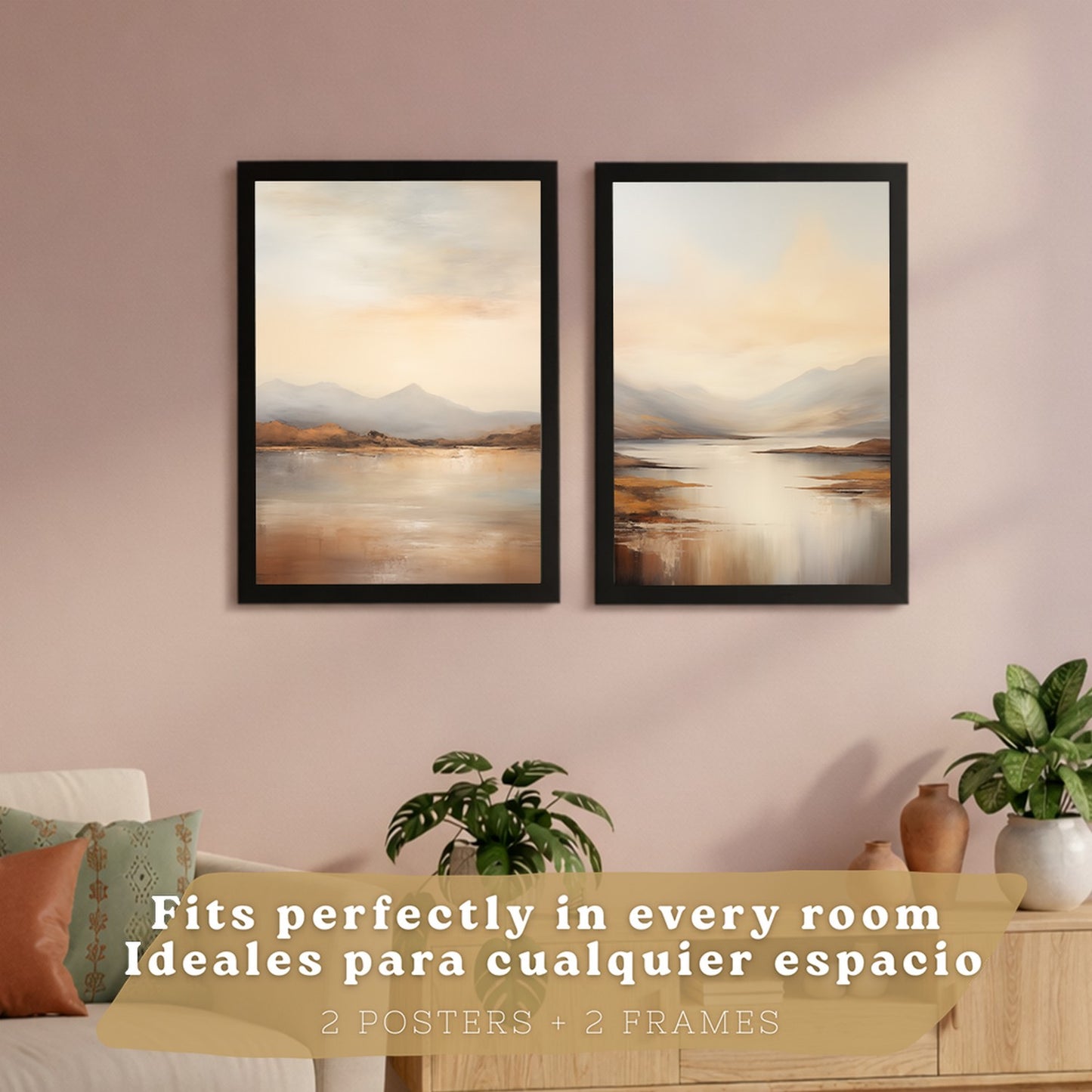 Set de 2 laminas decorativas paisaje amanecer. Cuadros Salon modernos - Posters decorativos Acuarela tonos marrones. Decoración Dormitorios.