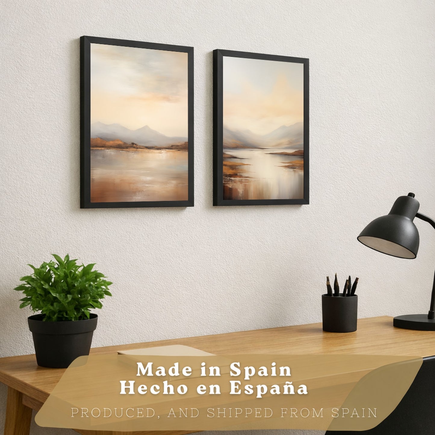 Set de 2 laminas decorativas paisaje amanecer. Cuadros Salon modernos - Posters decorativos Acuarela tonos marrones. Decoración Dormitorios.