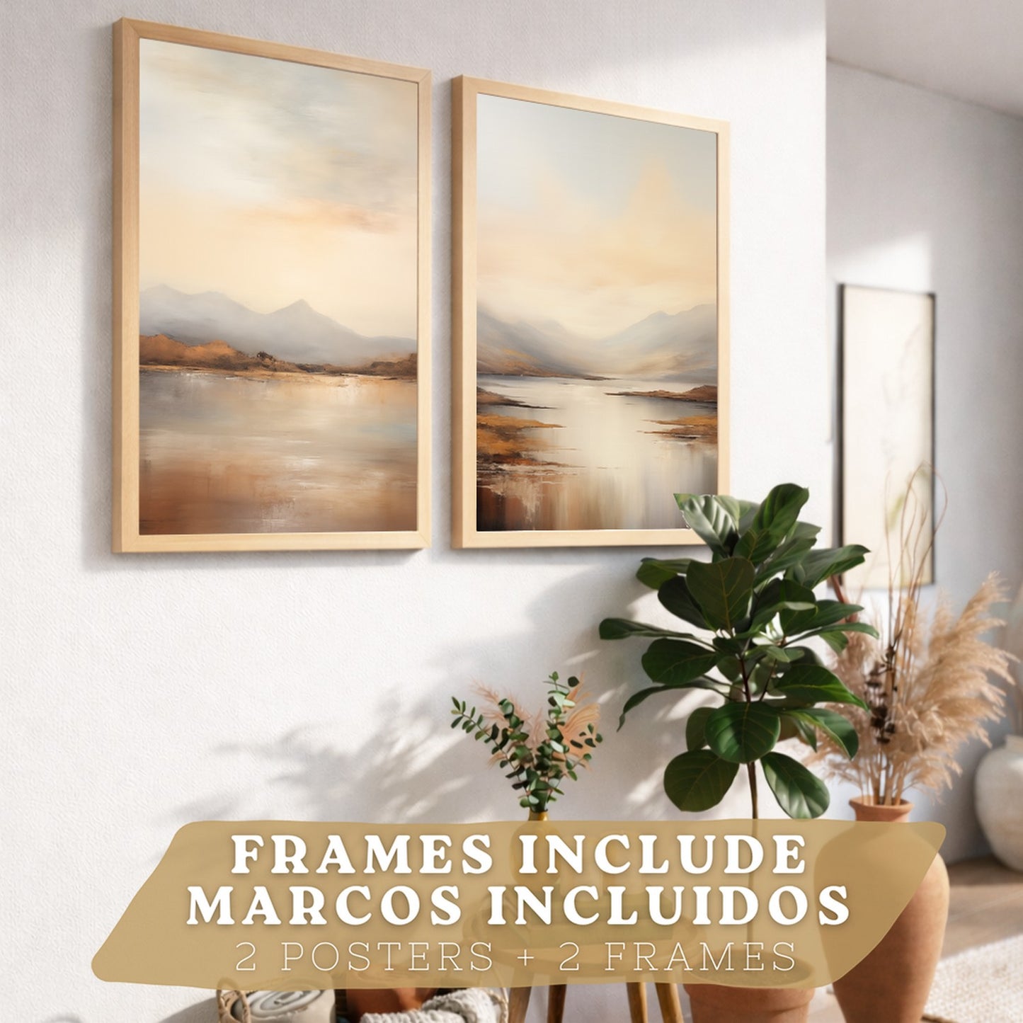 Set de 2 laminas decorativas paisaje amanecer. Cuadros Salon modernos - Posters decorativos Acuarela tonos marrones. Decoración Dormitorios.