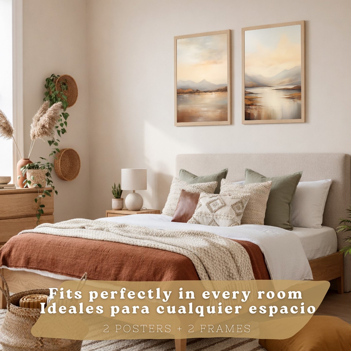 Set de 2 laminas decorativas paisaje amanecer. Cuadros Salon modernos - Posters decorativos Acuarela tonos marrones. Decoración Dormitorios.