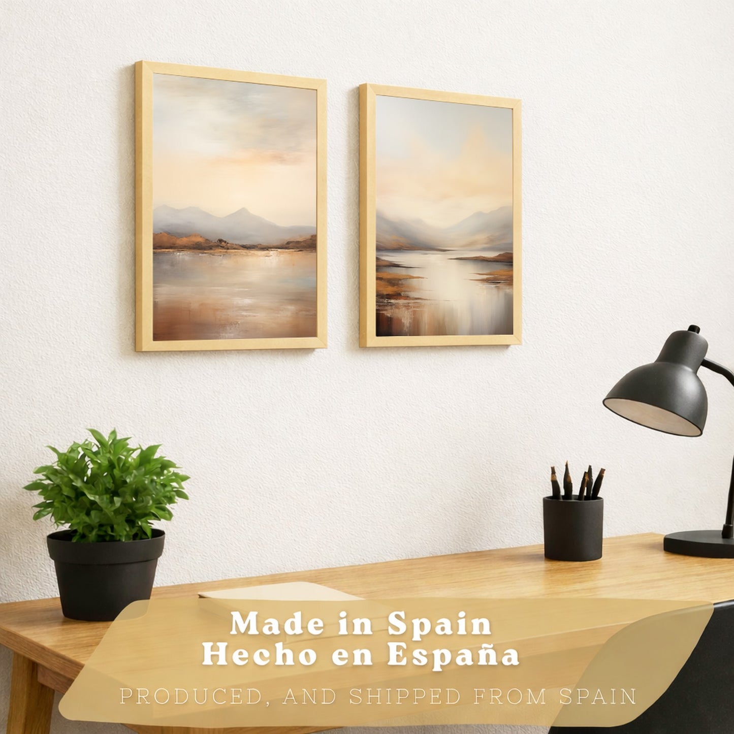 Set de 2 laminas decorativas paisaje amanecer. Cuadros Salon modernos - Posters decorativos Acuarela tonos marrones. Decoración Dormitorios.