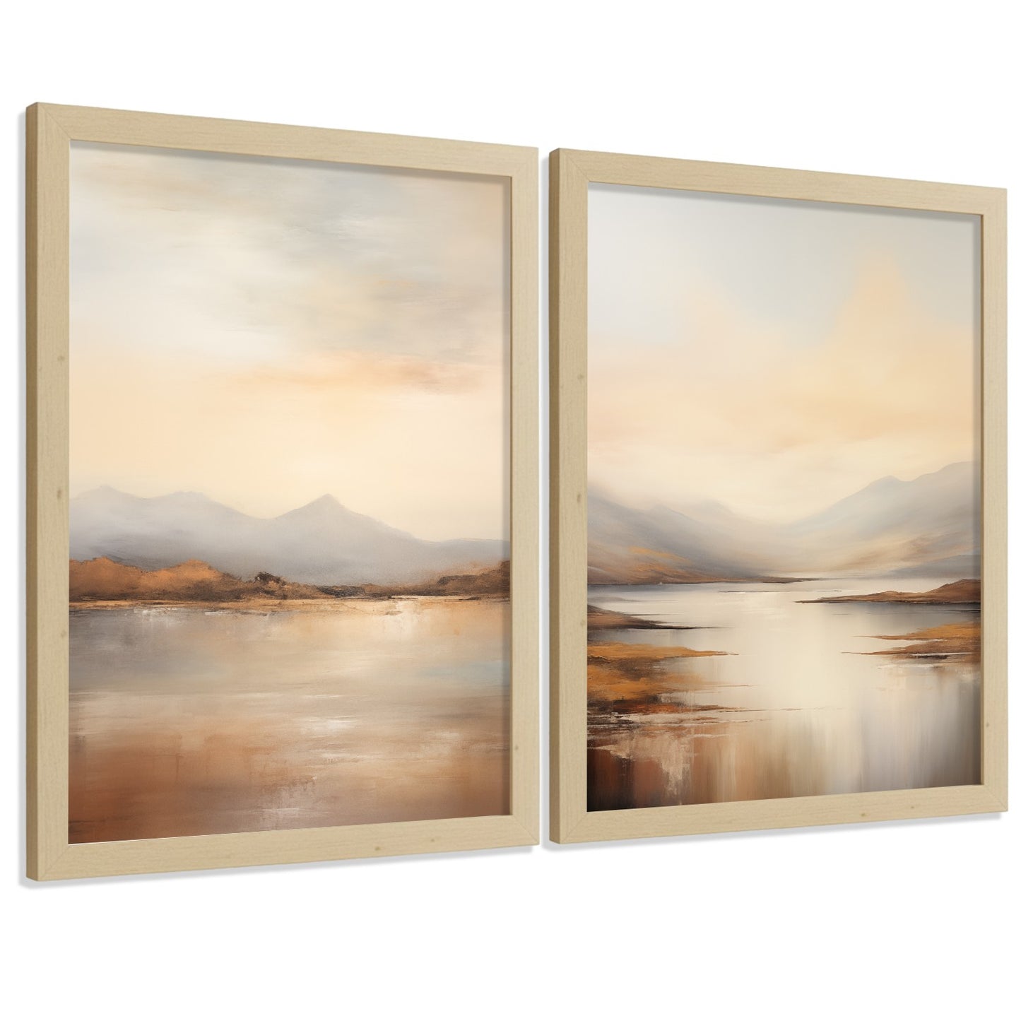 Set de 2 laminas decorativas paisaje amanecer. Cuadros Salon modernos - Posters decorativos Acuarela tonos marrones. Decoración Dormitorios.