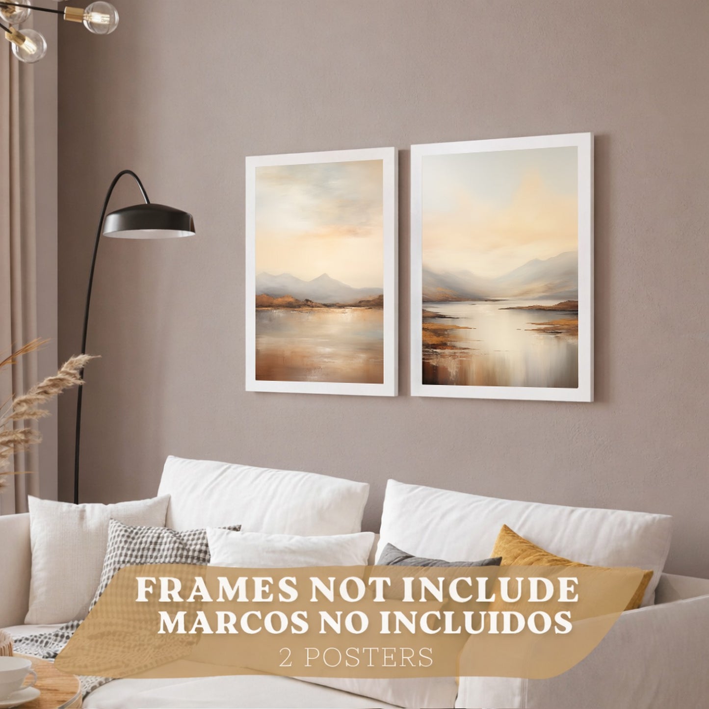 Set de 2 laminas decorativas paisaje amanecer. Cuadros Salon modernos - Posters decorativos Acuarela tonos marrones. Decoración Dormitorios.