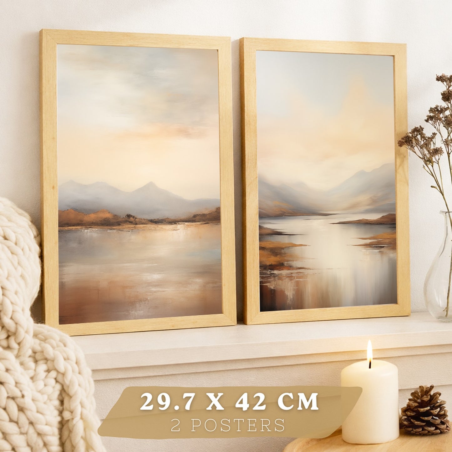 Set de 2 laminas decorativas paisaje amanecer. Cuadros Salon modernos - Posters decorativos Acuarela tonos marrones. Decoración Dormitorios.