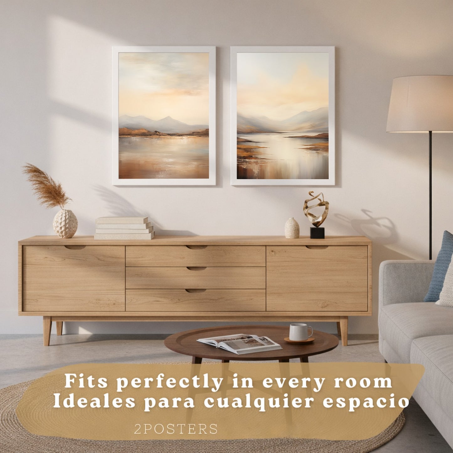 Set de 2 laminas decorativas paisaje amanecer. Cuadros Salon modernos - Posters decorativos Acuarela tonos marrones. Decoración Dormitorios.