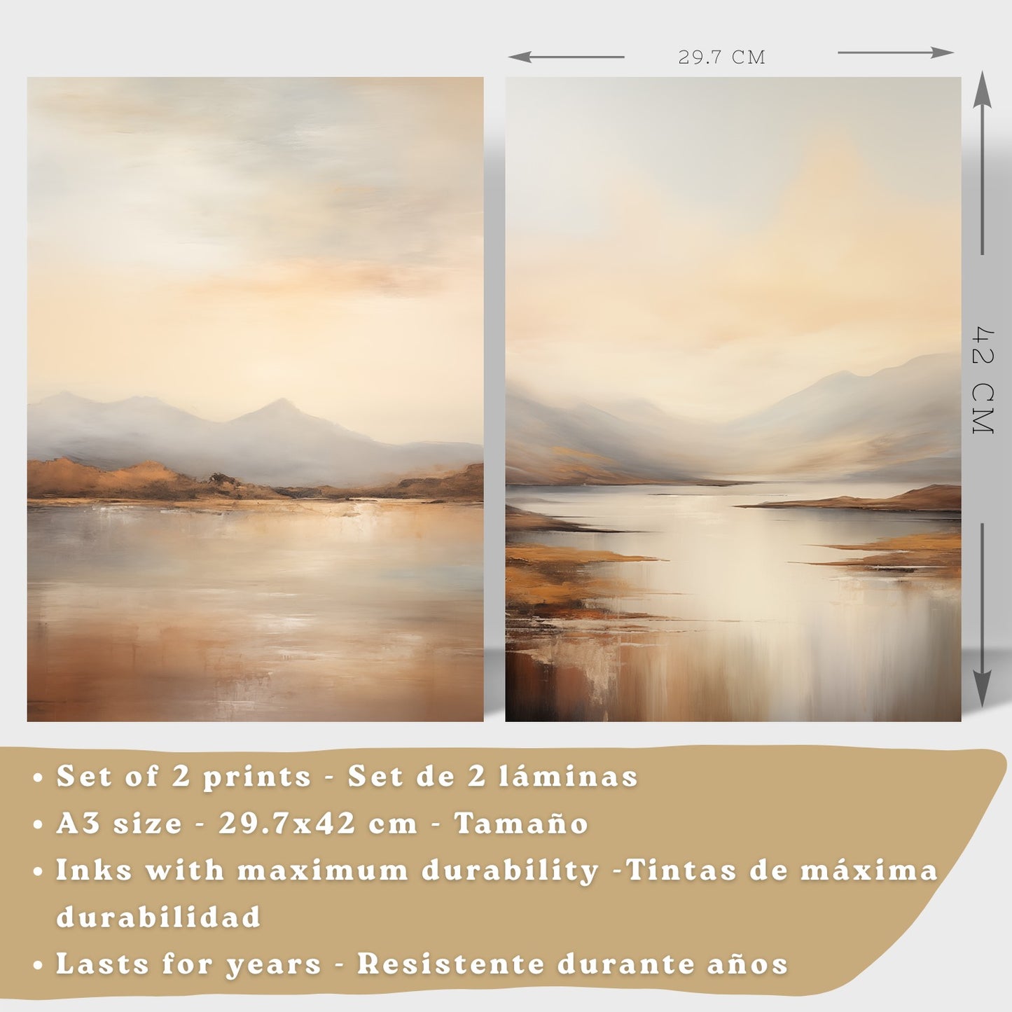 Set de 2 laminas decorativas paisaje amanecer. Cuadros Salon modernos - Posters decorativos Acuarela tonos marrones. Decoración Dormitorios.