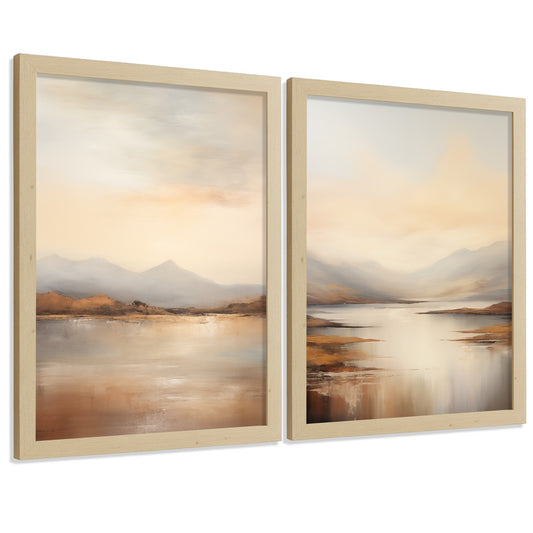 Set de 2 laminas decorativas paisaje amanecer. Cuadros Salon modernos - Posters decorativos Acuarela tonos marrones. Decoración Dormitorios.