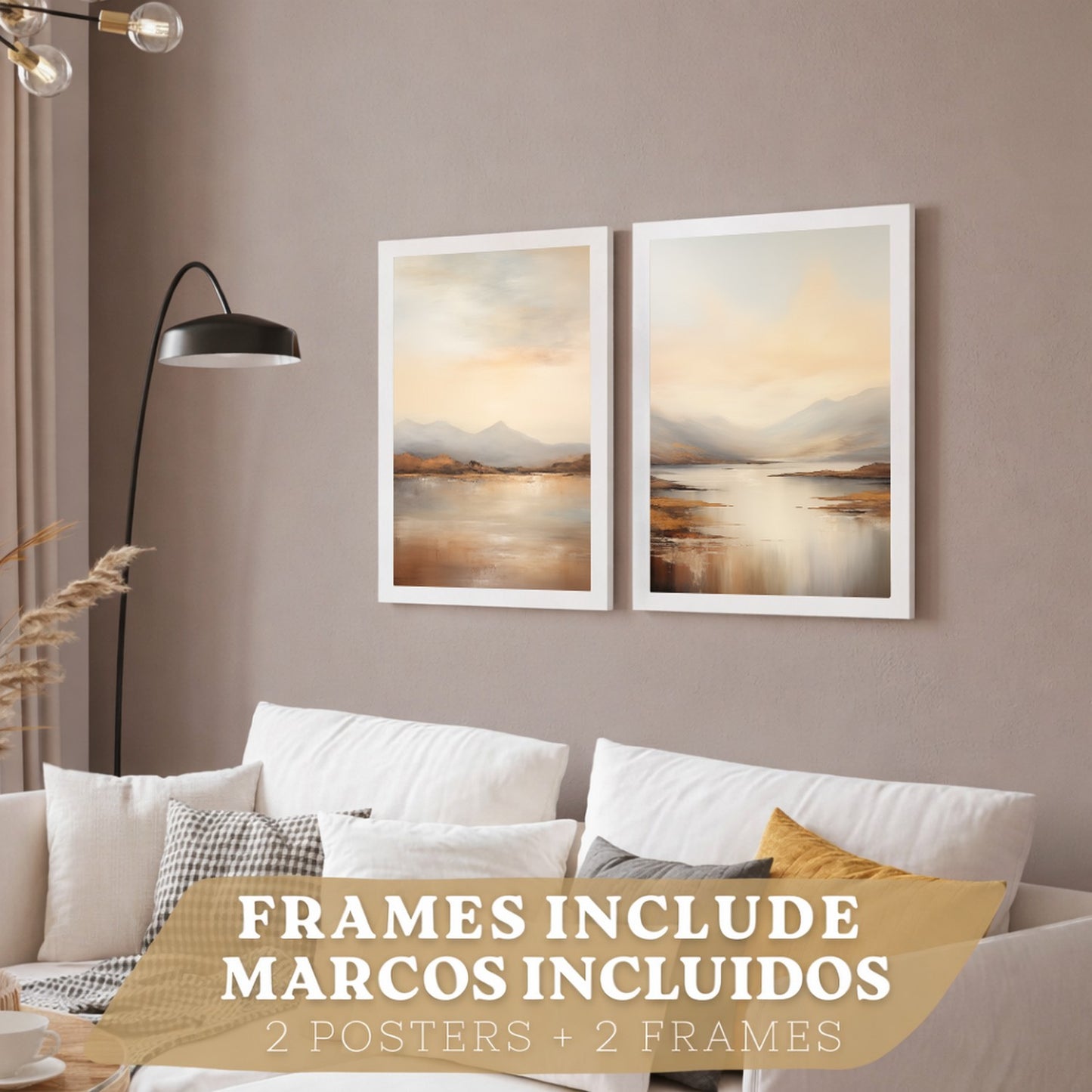 Set de 2 laminas decorativas paisaje amanecer. Cuadros Salon modernos - Posters decorativos Acuarela tonos marrones. Decoración Dormitorios.