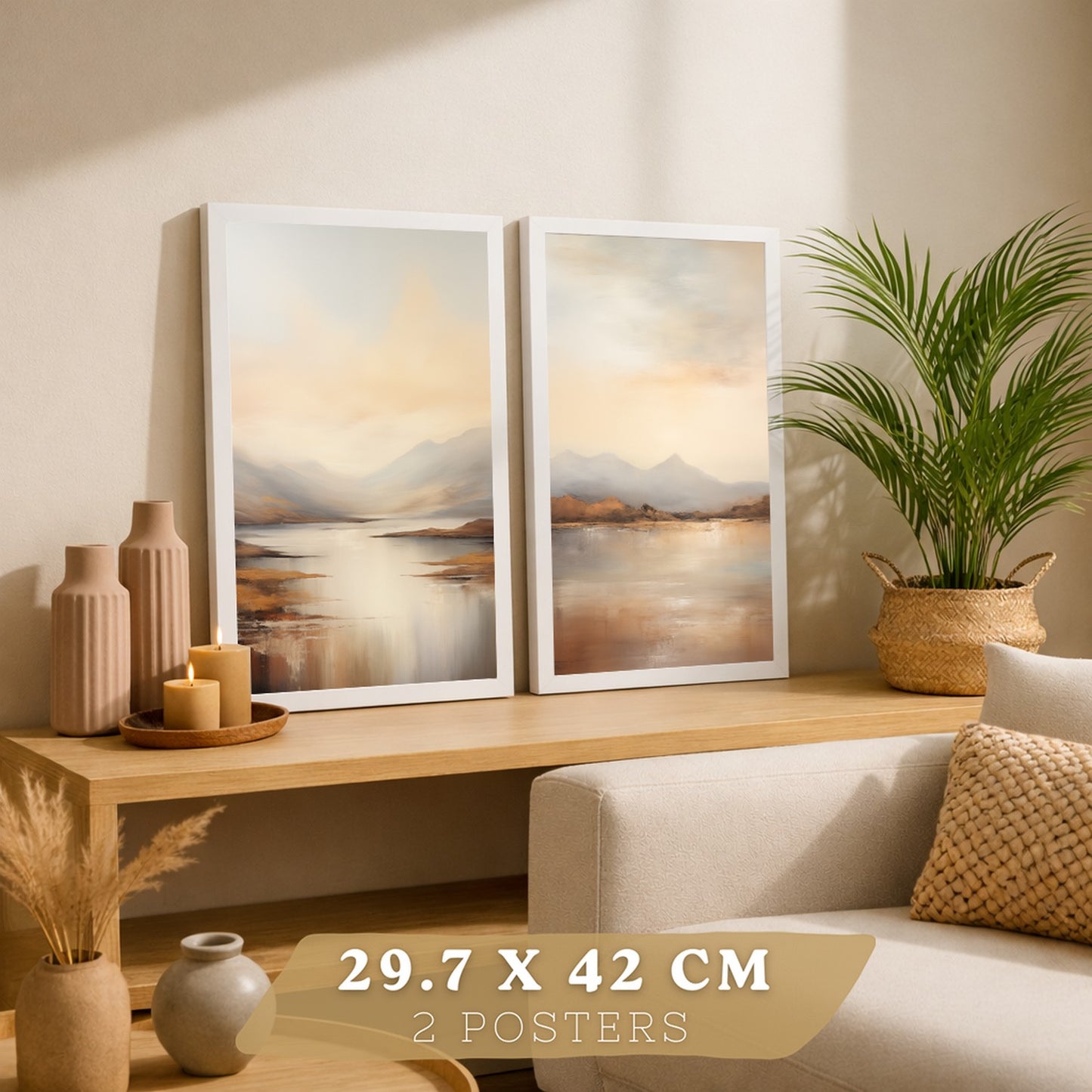 Set de 2 laminas decorativas paisaje amanecer. Cuadros Salon modernos - Posters decorativos Acuarela tonos marrones. Decoración Dormitorios.