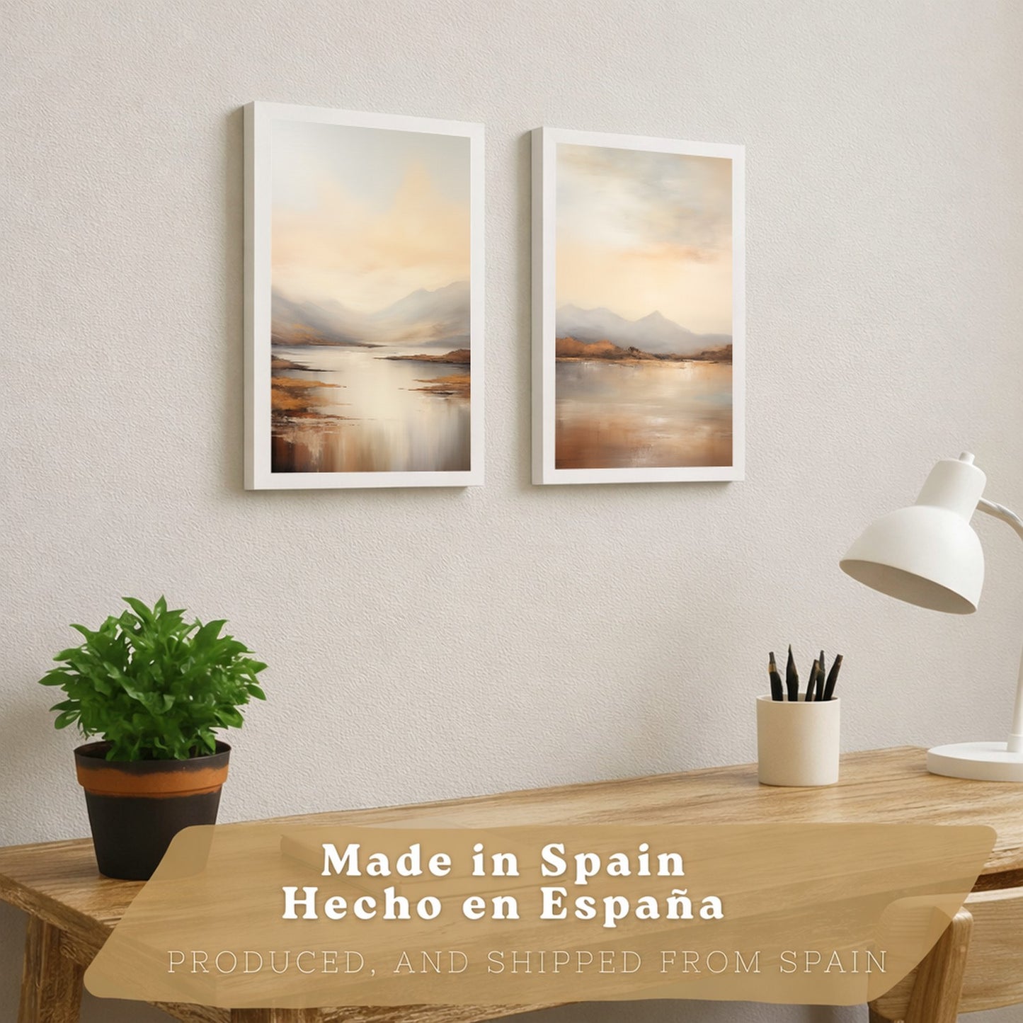 Set de 2 laminas decorativas paisaje amanecer. Cuadros Salon modernos - Posters decorativos Acuarela tonos marrones. Decoración Dormitorios.